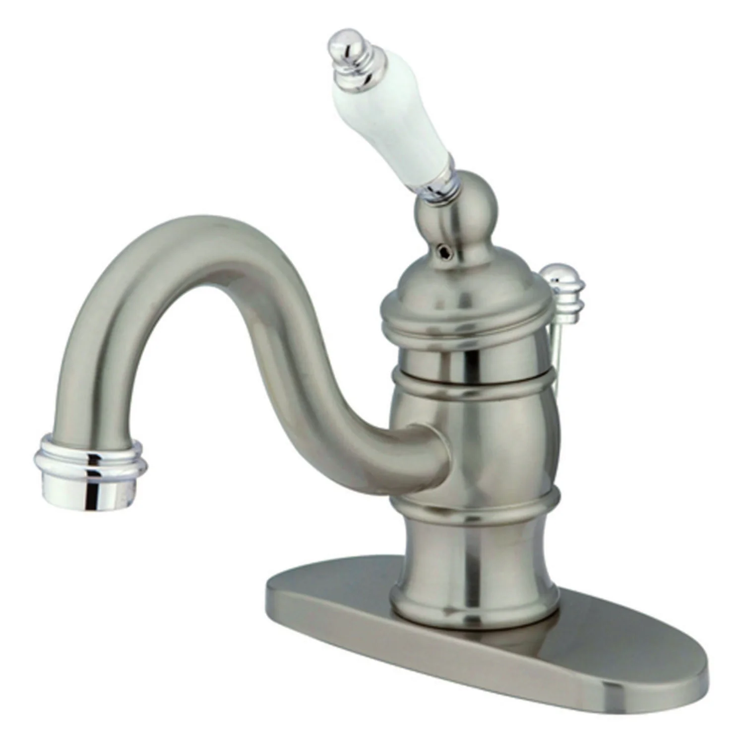 Kingston Heirloom KB3407PL - Victorian One-Handle 1-Hole Bathroom Faucet with Deck Plate and Pop-Up Drain, Brushed Nickel/Polished Chrome