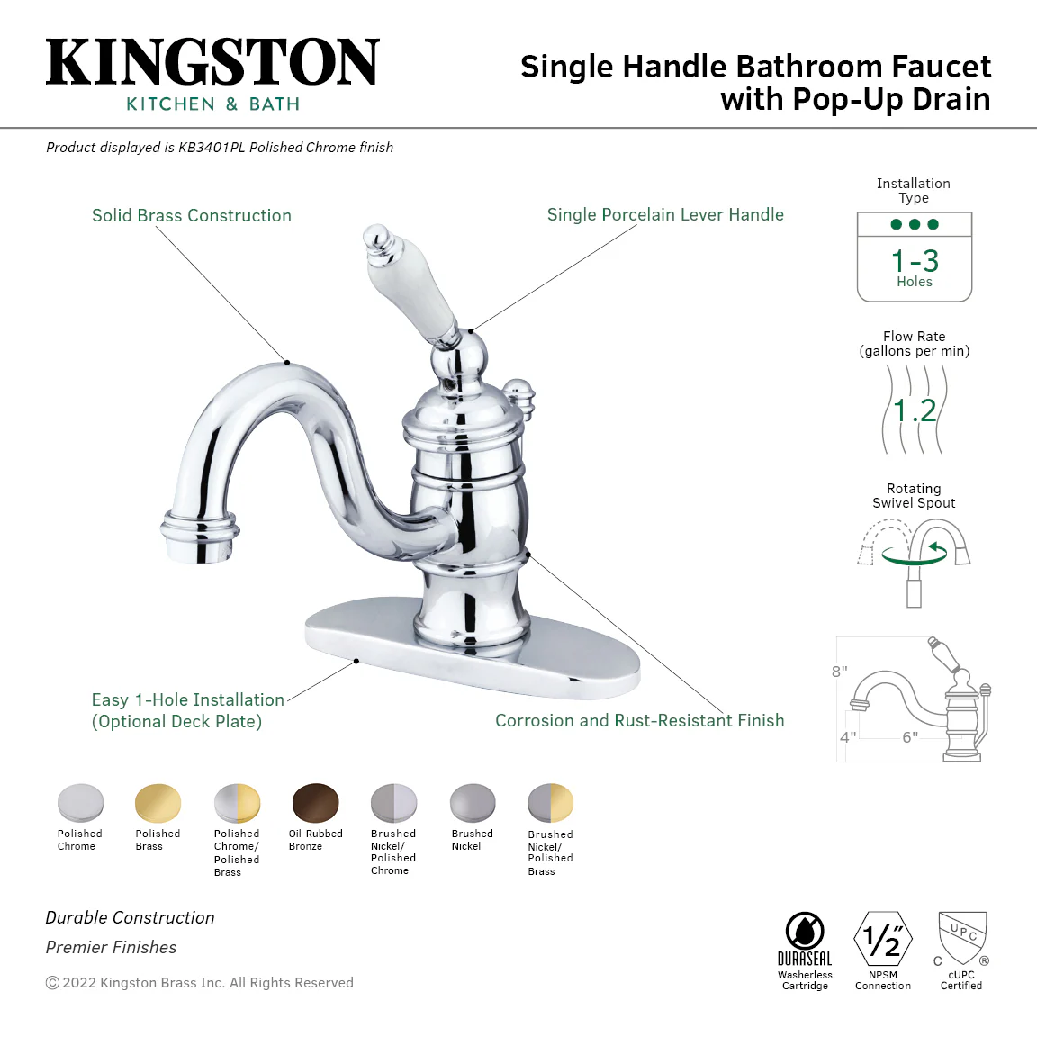 Kingston Heirloom KB3408PL - Victorian One-Handle 1-Hole Bathroom Faucet with Deck Plate and Pop-Up Drain, Brushed Nickel - Image 2