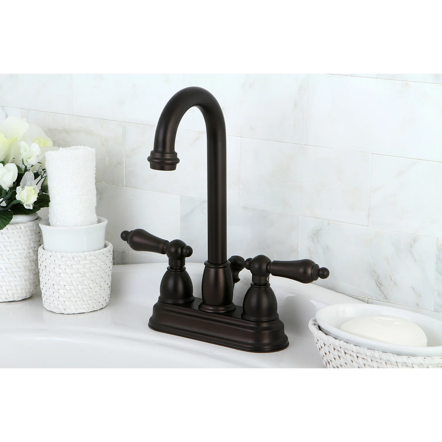 Kingston Heirloom KB3615AL - Restoration Double-Handle 3-Hole Deck Mount 4-Inch Centerset Bathroom Faucet with Pop-Up Drain, Oil Rubbed Bronze - Image 4