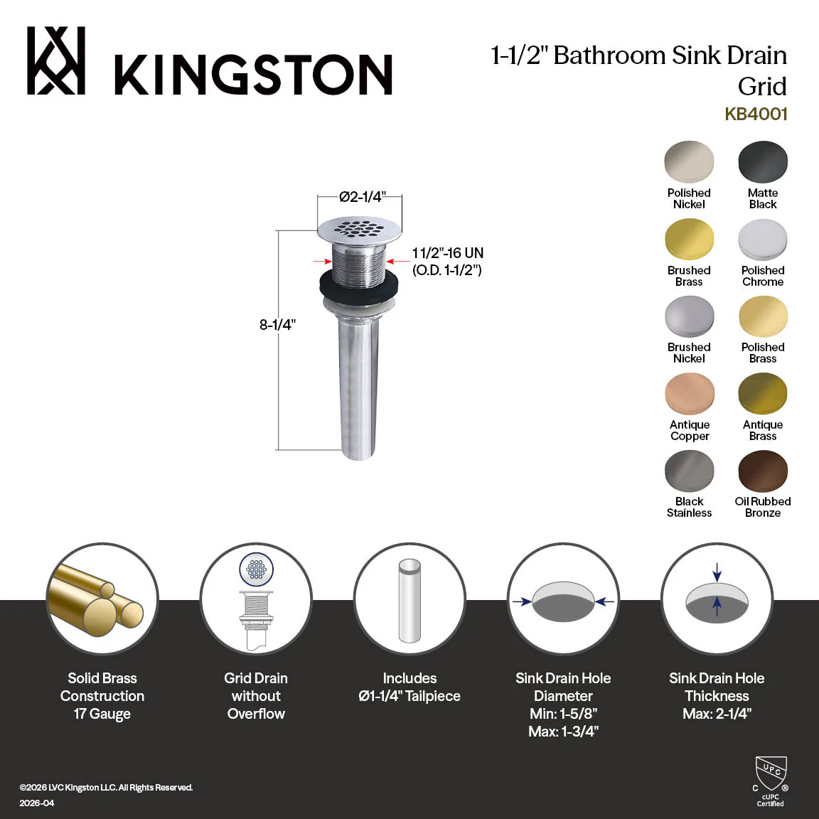 Kingston Trimscape KB400VN Brass Grid Bathroom Sink Drain without Overflow, 17 Gauge, Black Stainless - Image 2