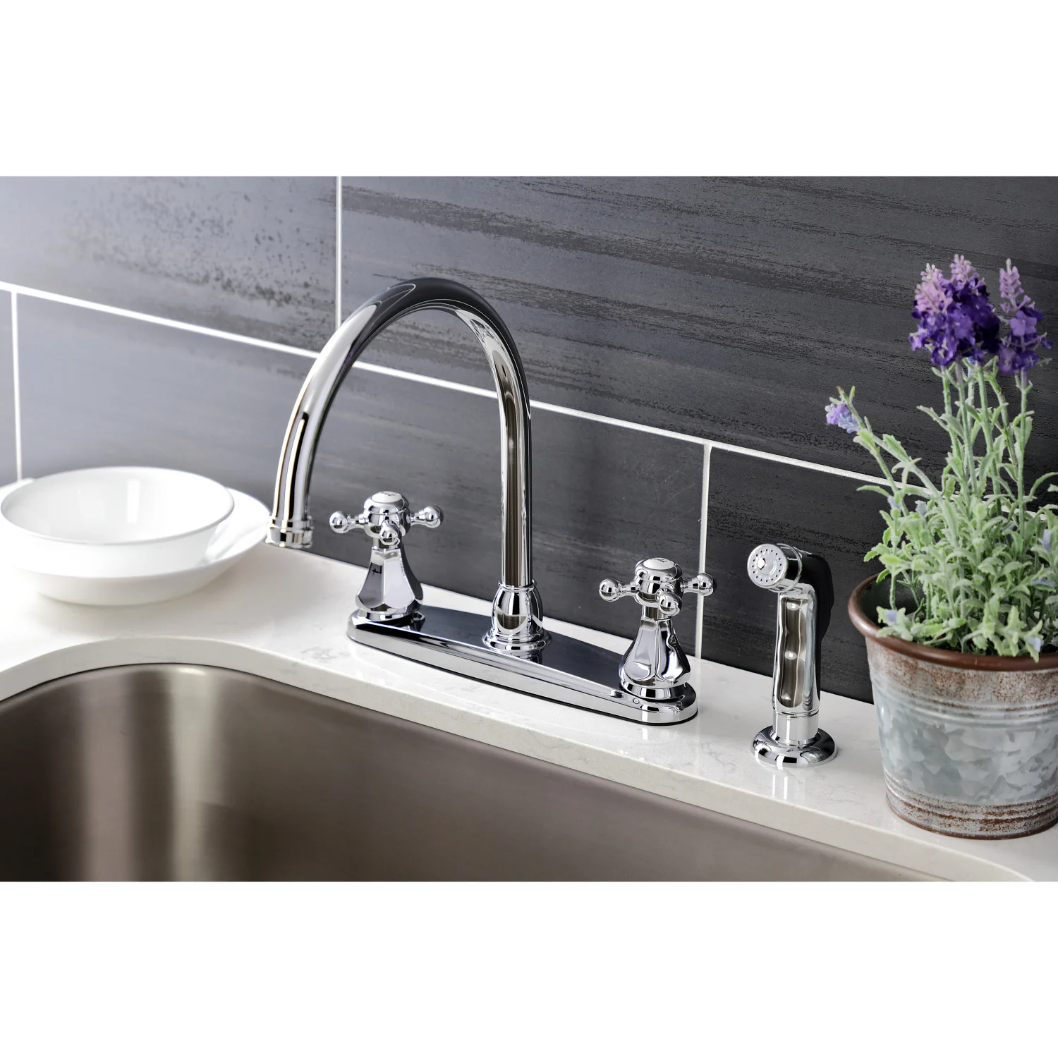 Kingston Heirloom KB4721BXSP - Metropolitan Two-Handle 4-Hole 8" Centerset Kitchen Faucet with Side Sprayer, Polished Chrome - Image 2