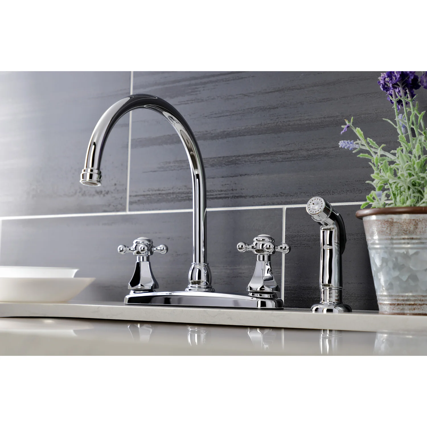 Kingston Heirloom KB4721BXSP - Metropolitan Two-Handle 4-Hole 8" Centerset Kitchen Faucet with Side Sprayer, Polished Chrome - Image 5
