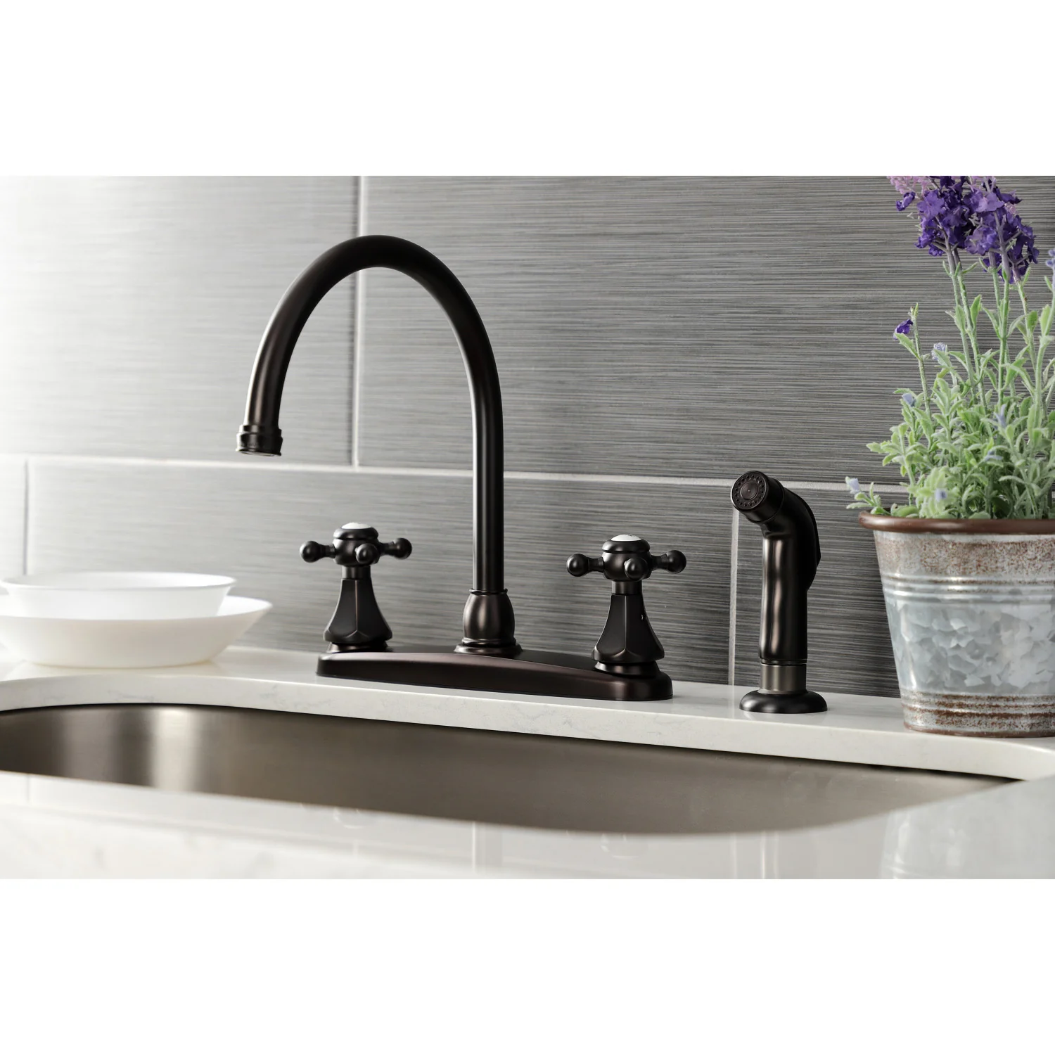 Kingston Heirloom KB4725BXSP - Metropolitan Two-Handle 4-Hole 8" Centerset Kitchen Faucet with Side Sprayer, Oil Rubbed Bronze - Image 4
