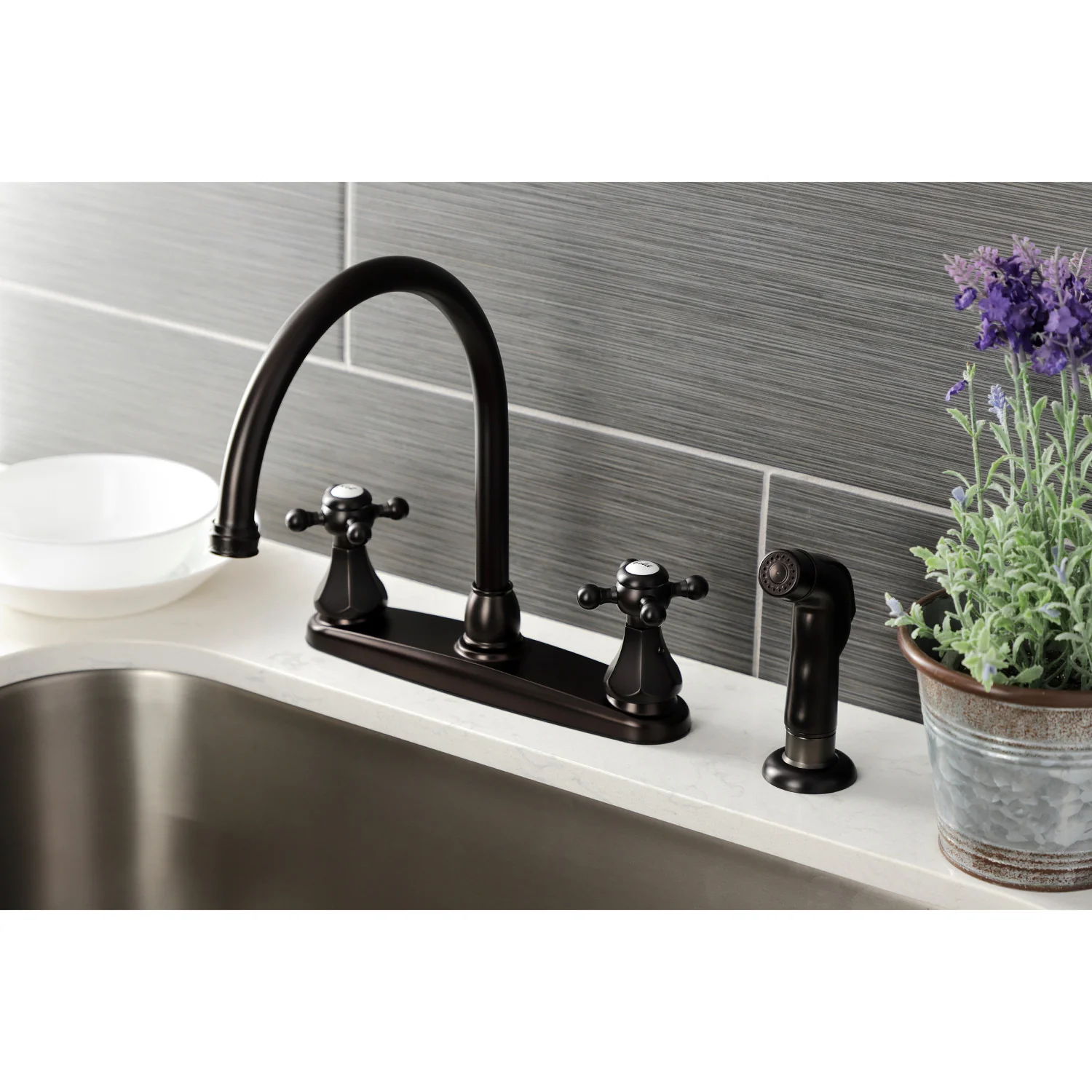 Kingston Heirloom KB4725BXSP - Metropolitan Two-Handle 4-Hole 8" Centerset Kitchen Faucet with Side Sprayer, Oil Rubbed Bronze - Image 6