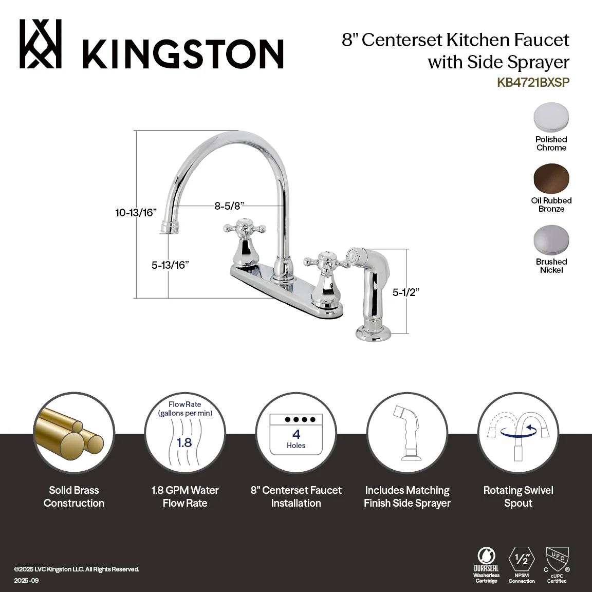 Kingston Heirloom KB4725BXSP - Metropolitan Two-Handle 4-Hole 8" Centerset Kitchen Faucet with Side Sprayer, Oil Rubbed Bronze - Image 7