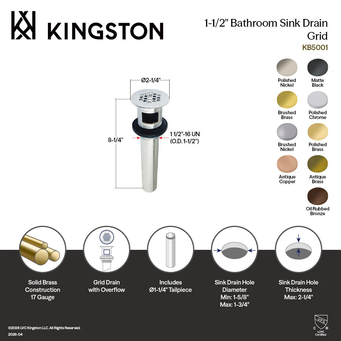 Kingston Trimscape KB5005 Brass Grid Bathroom Sink Drain with Overflow, 17 Gauge, Oil Rubbed Bronze - Image 3