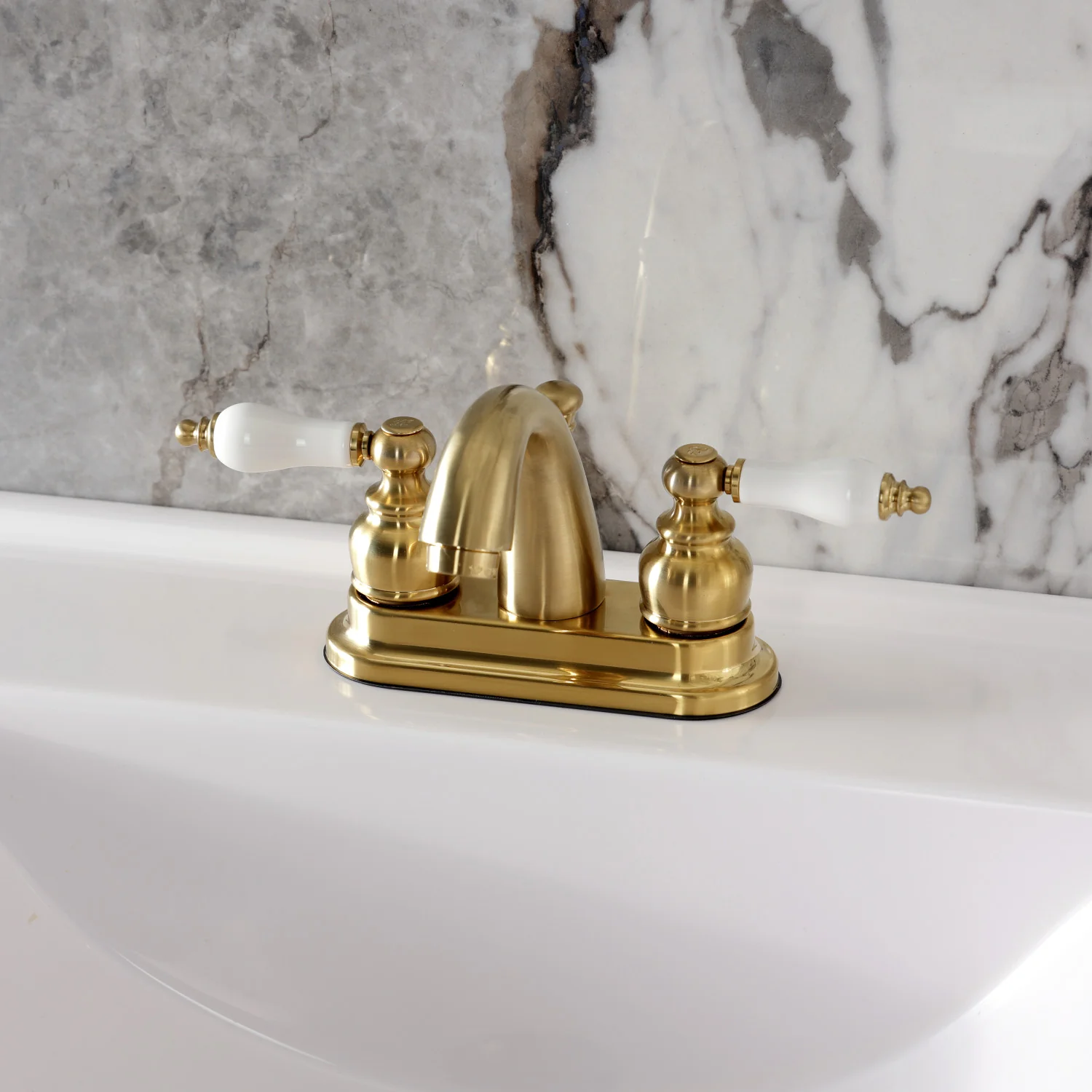 Kingston Heirloom KB5617PL - Restoration Double-Handle 3-Hole Deck Mount 4-Inch Centerset Bathroom Faucet with Pop-Up Drain, Brushed Brass - Image 2