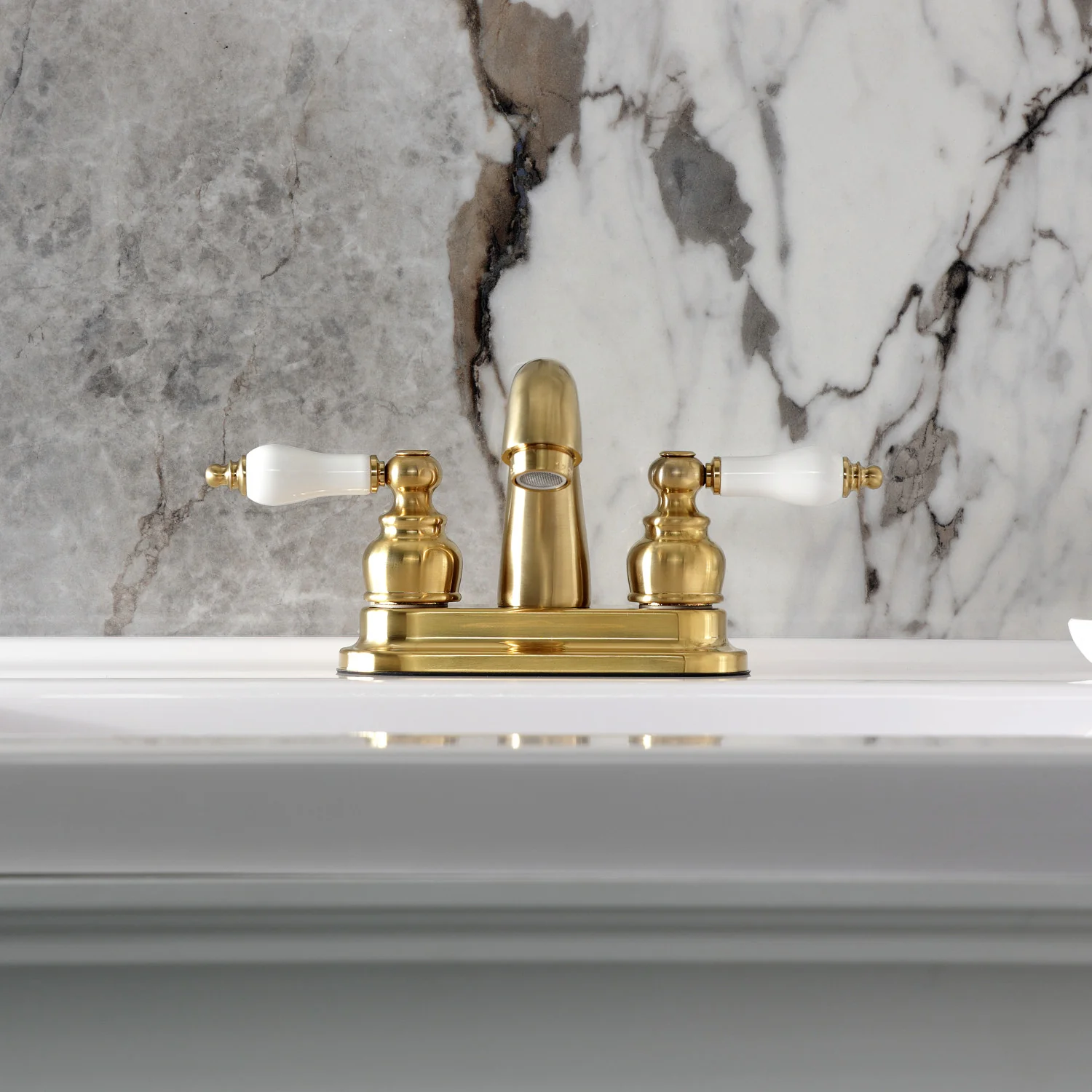 Kingston Heirloom KB5617PL - Restoration Double-Handle 3-Hole Deck Mount 4-Inch Centerset Bathroom Faucet with Pop-Up Drain, Brushed Brass - Image 3