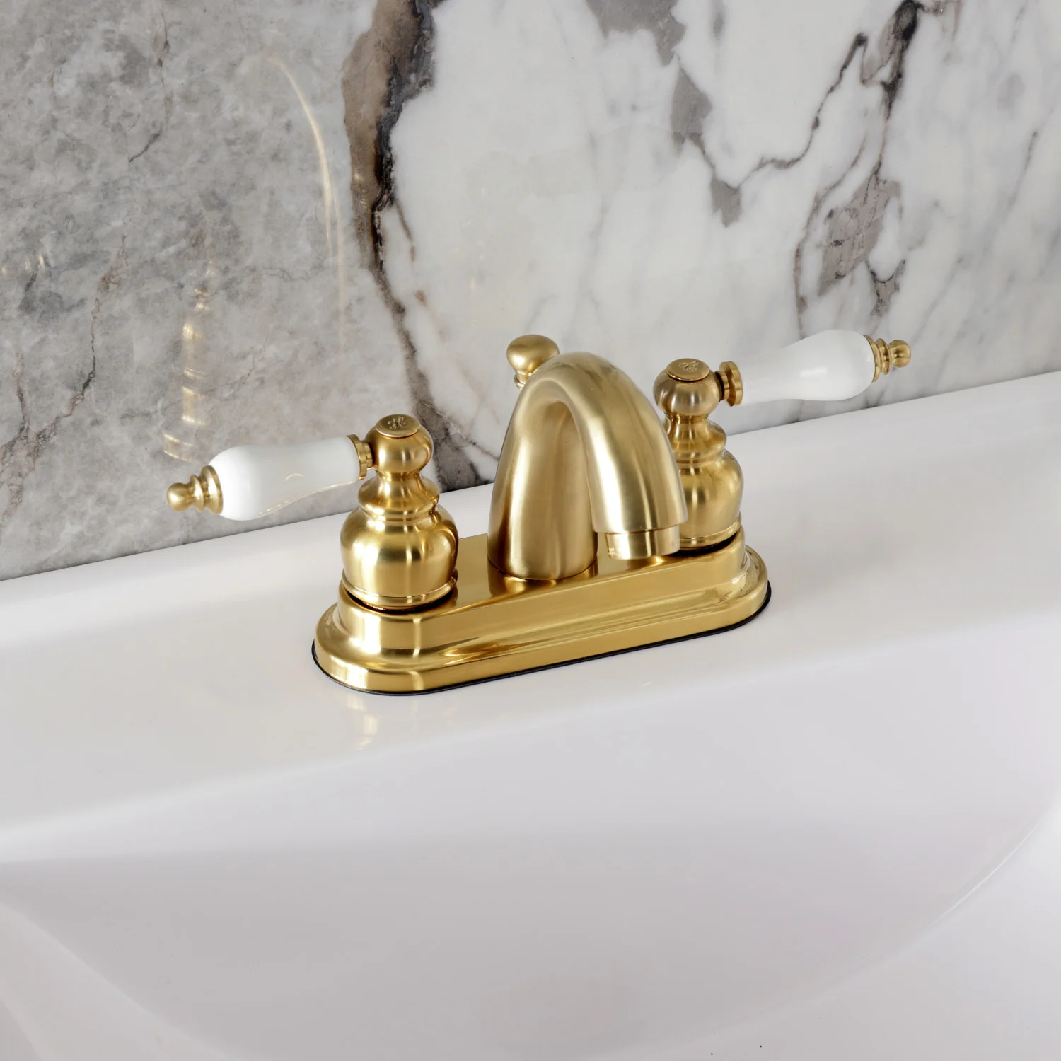 Kingston Heirloom KB5617PL - Restoration Double-Handle 3-Hole Deck Mount 4-Inch Centerset Bathroom Faucet with Pop-Up Drain, Brushed Brass - Image 4