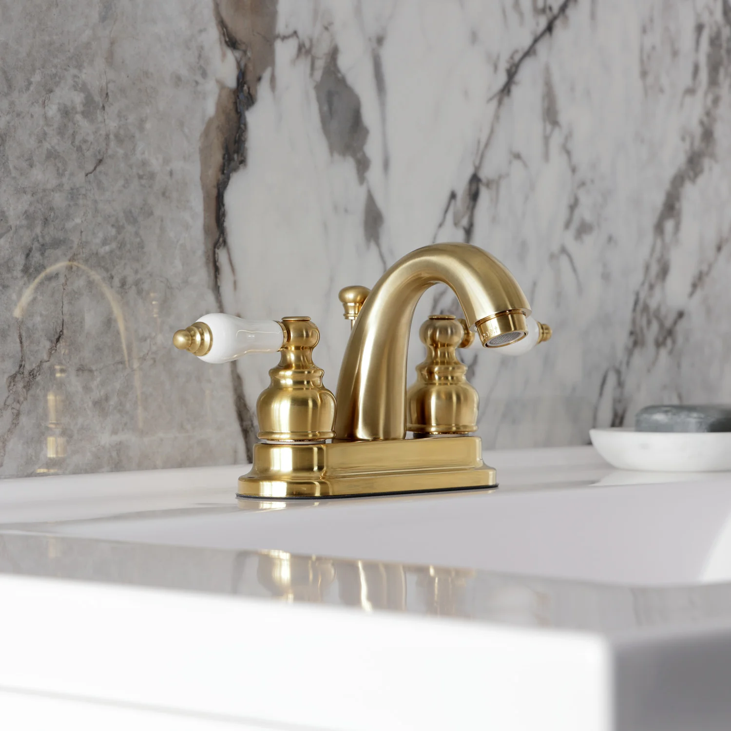 Kingston Heirloom KB5617PL - Restoration Double-Handle 3-Hole Deck Mount 4-Inch Centerset Bathroom Faucet with Pop-Up Drain, Brushed Brass - Image 5