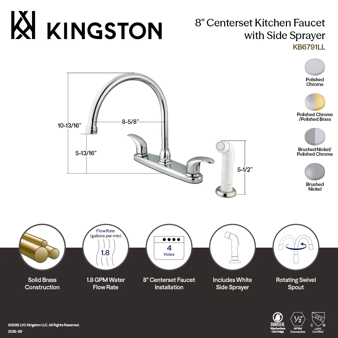 Kingston Tulare KB6791LL - Legacy Two-Handle 4-Hole 8" Centerset Kitchen Faucet with Side Sprayer, Polished Chrome - Image 2