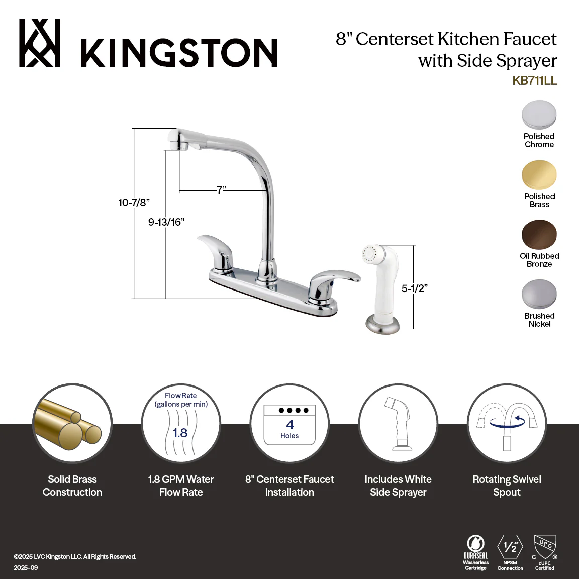 Kingston Tulare KB712LL - Legacy Two-Handle 4-Hole 8" Centerset Kitchen Faucet with Side Sprayer, Polished Brass - Image 2