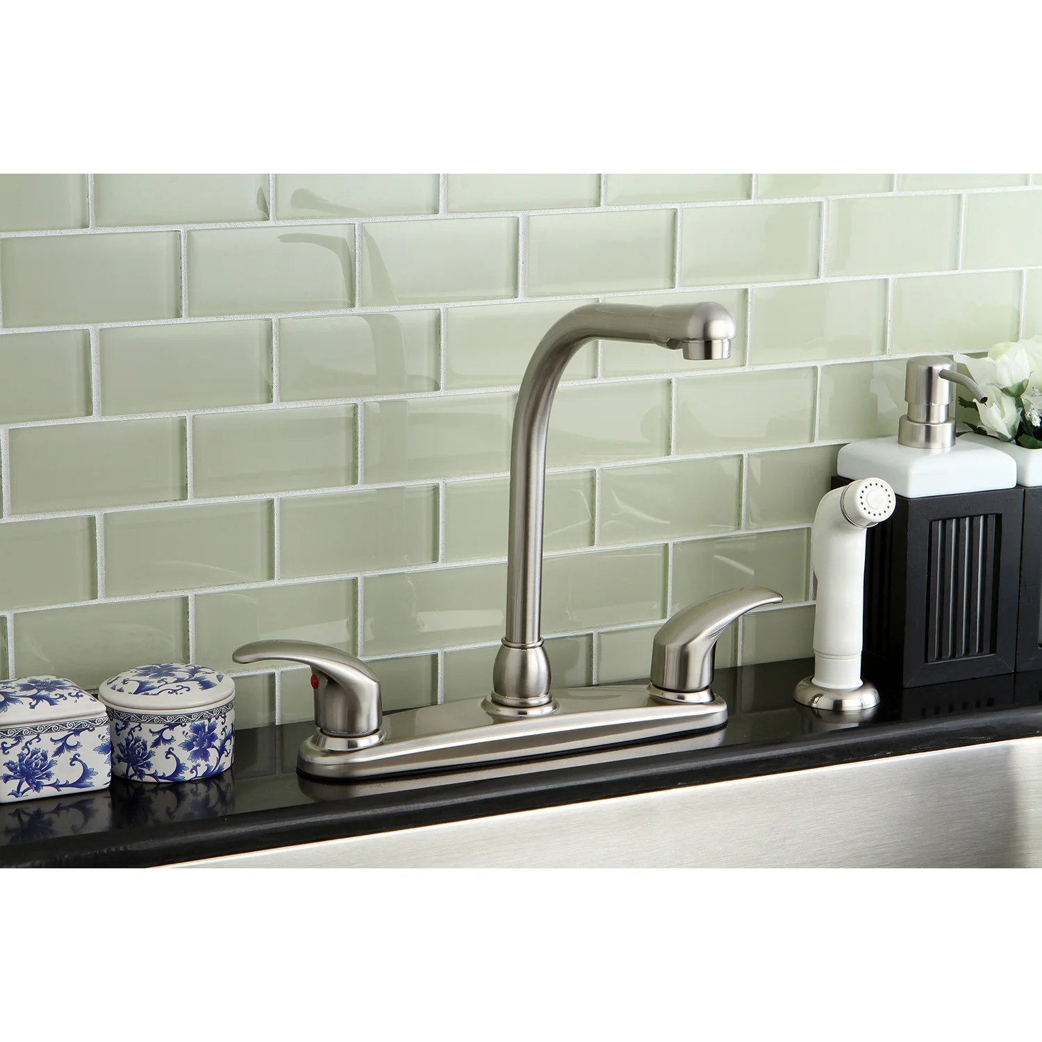 Kingston Tulare KB718LL - Legacy Two-Handle 4-Hole 8" Centerset Kitchen Faucet with Side Sprayer, Brushed Nickel - Image 2