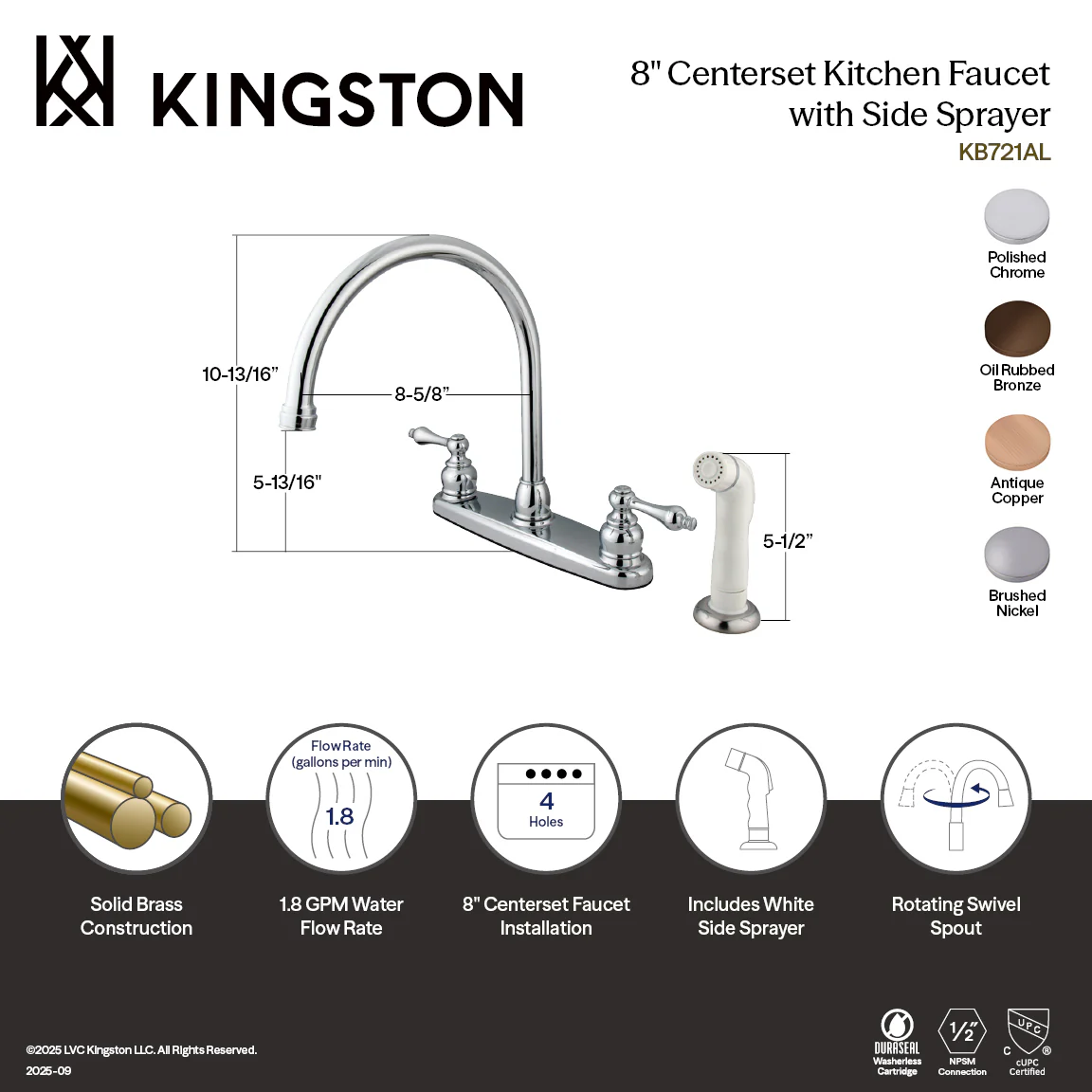 Kingston Heirloom KB725AL - Vintage Two-Handle 4-Hole 8" Centerset Kitchen Faucet with Side Sprayer, Oil Rubbed Bronze - Image 2