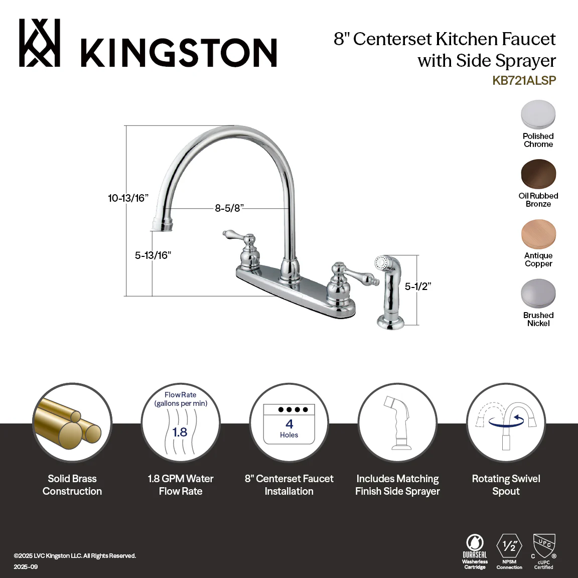 Kingston Heirloom KB725ALSP - Vintage Two-Handle 4-Hole 8" Centerset Kitchen Faucet with Side Sprayer, Oil Rubbed Bronze - Image 2
