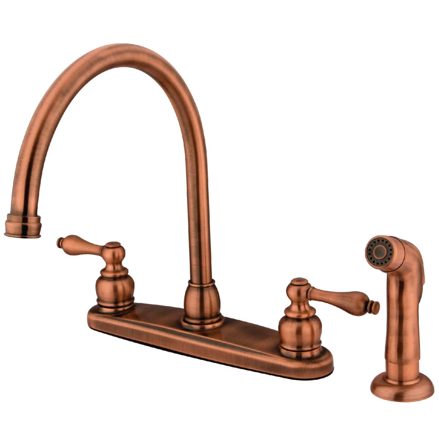 Kingston Heirloom KB726ALSP - Vintage Two-Handle 4-Hole 8" Centerset Kitchen Faucet with Side Sprayer, Antique Copper