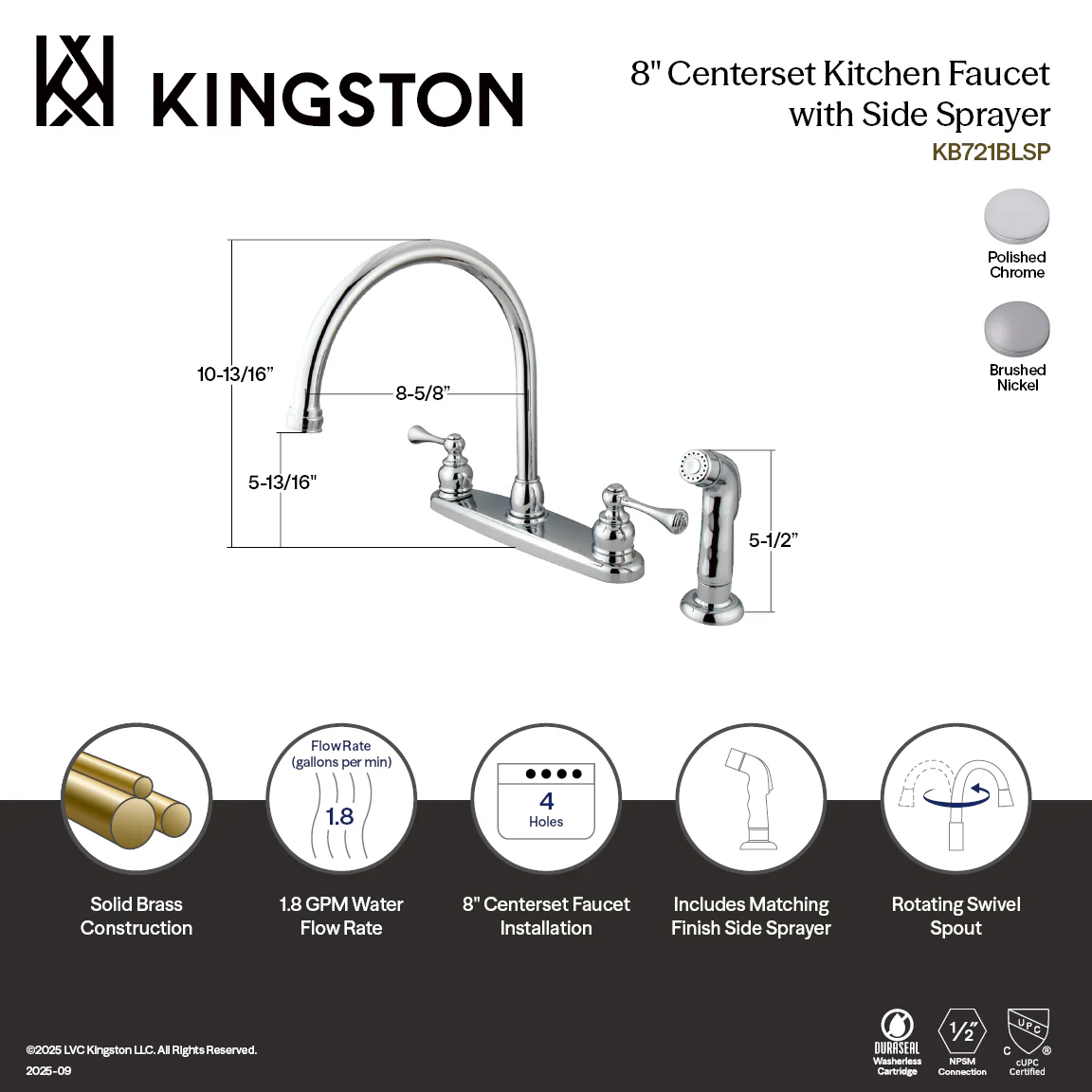 Kingston Tulare KB728BLSP - Vintage Two-Handle 4-Hole 8" Centerset Kitchen Faucet with Side Sprayer, Brushed Nickel - Image 2