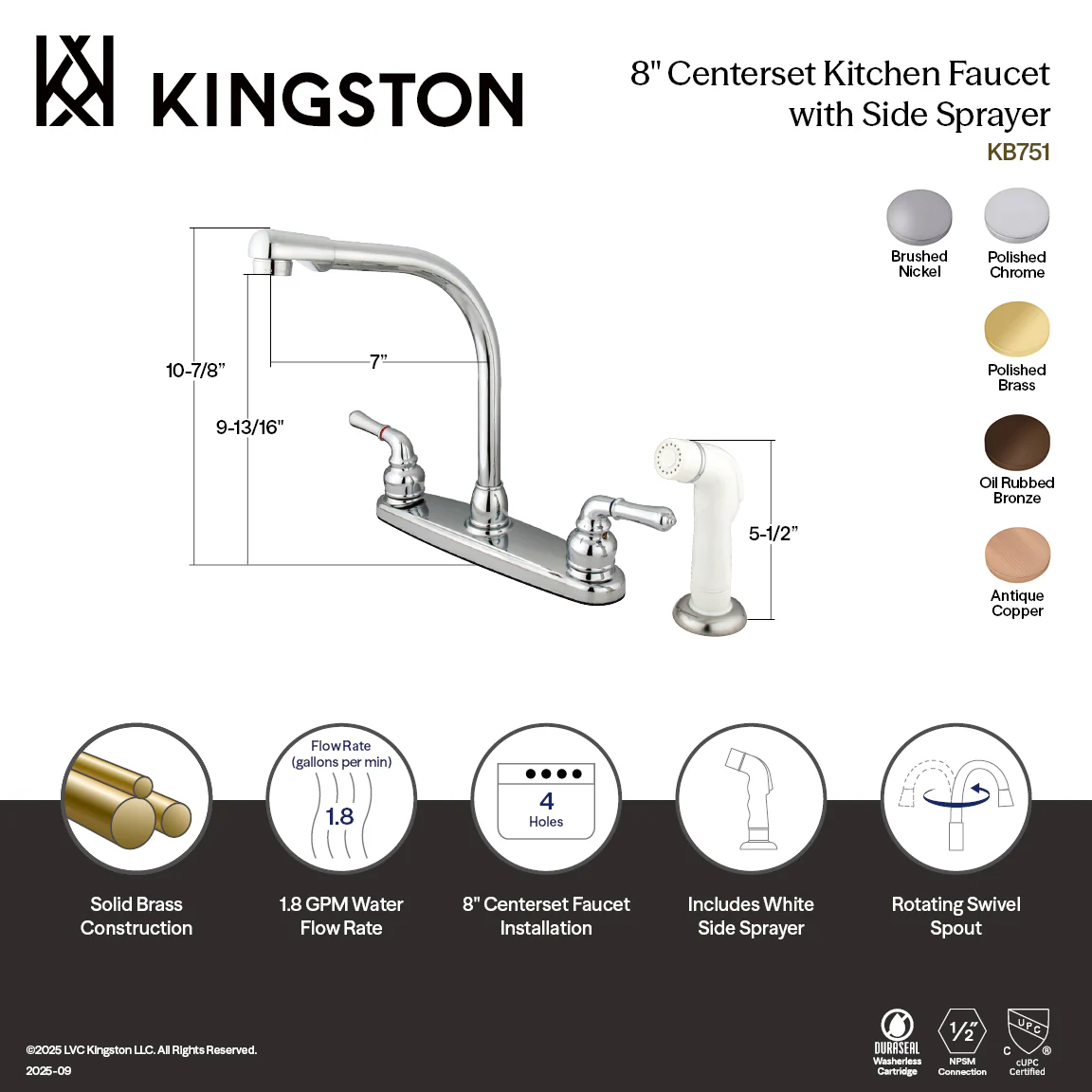 Kingston Tulare KB751 - Magellan Two-Handle 4-Hole 8" Centerset Kitchen Faucet with Side Sprayer, Polished Chrome - Image 2