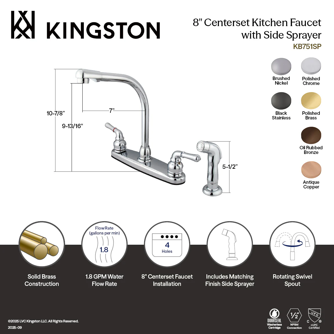 Kingston Tulare KB755SP - Magellan Two-Handle 4-Hole 8" Centerset Kitchen Faucet with Side Sprayer, Oil Rubbed Bronze - Image 2