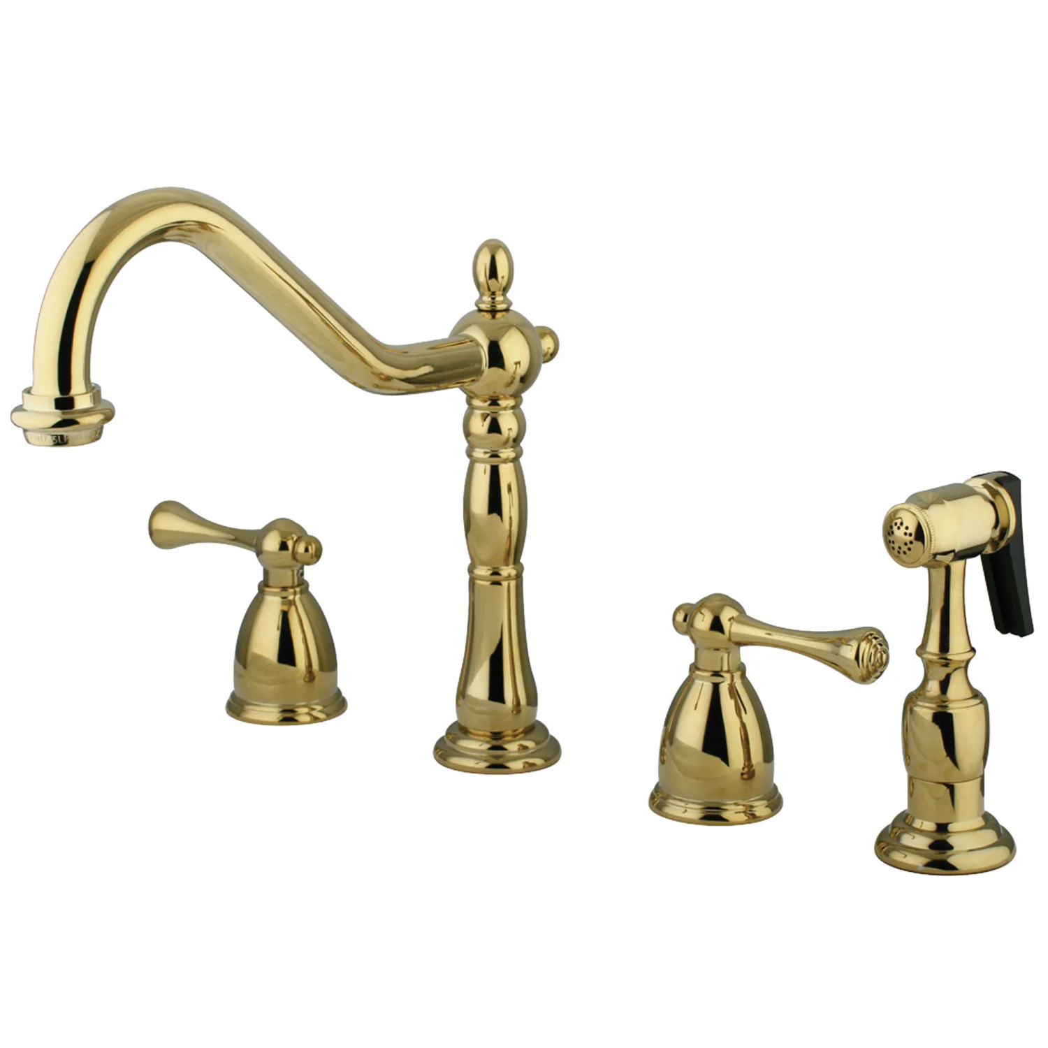 Kingston Heirloom KB7792BLBS - English Country Double-Handle 4-Hole Widespread Kitchen Faucet with Brass Sprayer, Polished Brass