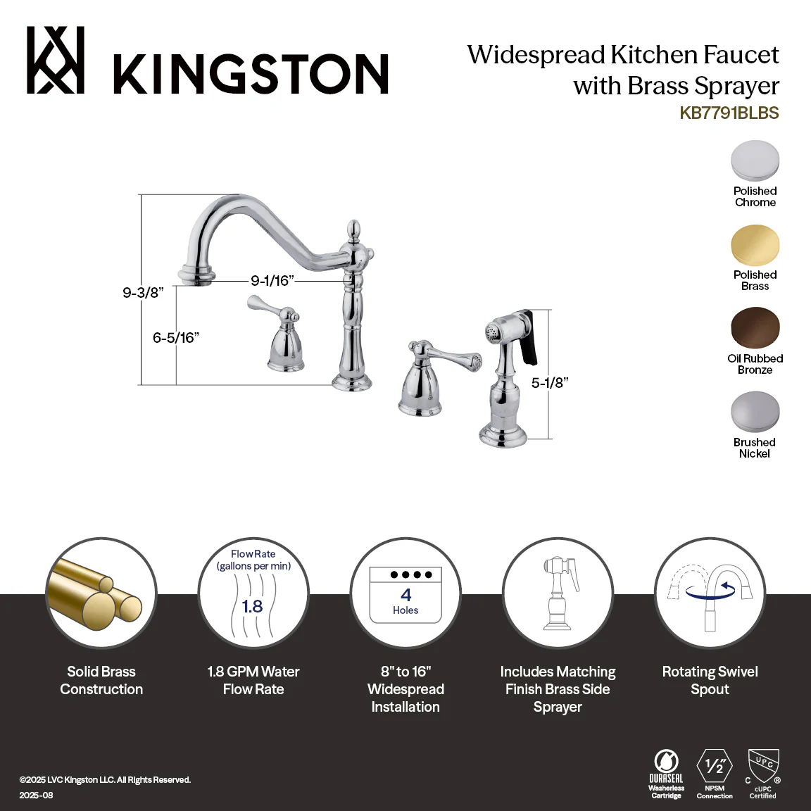 Kingston Heirloom KB7792BLBS - English Country Double-Handle 4-Hole Widespread Kitchen Faucet with Brass Sprayer, Polished Brass - Image 2