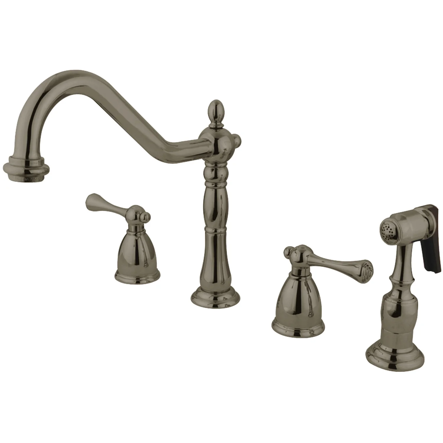 Kingston Heirloom KB7798BLBS - English Country Double-Handle 4-Hole Widespread Kitchen Faucet with Brass Sprayer, Brushed Nickel