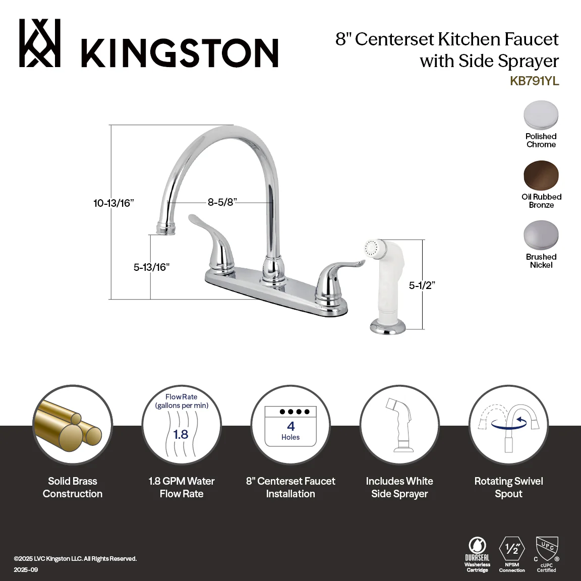 Kingston Tulare KB795YL - Yosemite Two-Handle 4-Hole 8" Centerset Kitchen Faucet with Side Sprayer, Oil Rubbed Bronze - Image 8