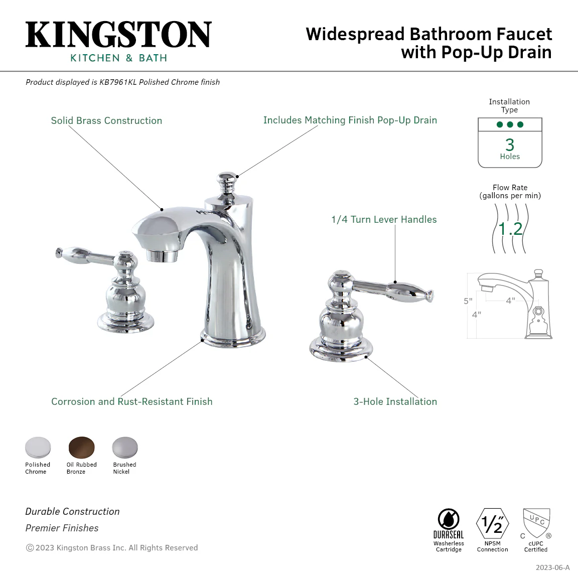 Kingston Tulare KB7961KL - Knight Two-Handle 3-Hole Deck Mount Widespread Bathroom Faucet with Pop-Up Drain, Polished Chrome - Image 3