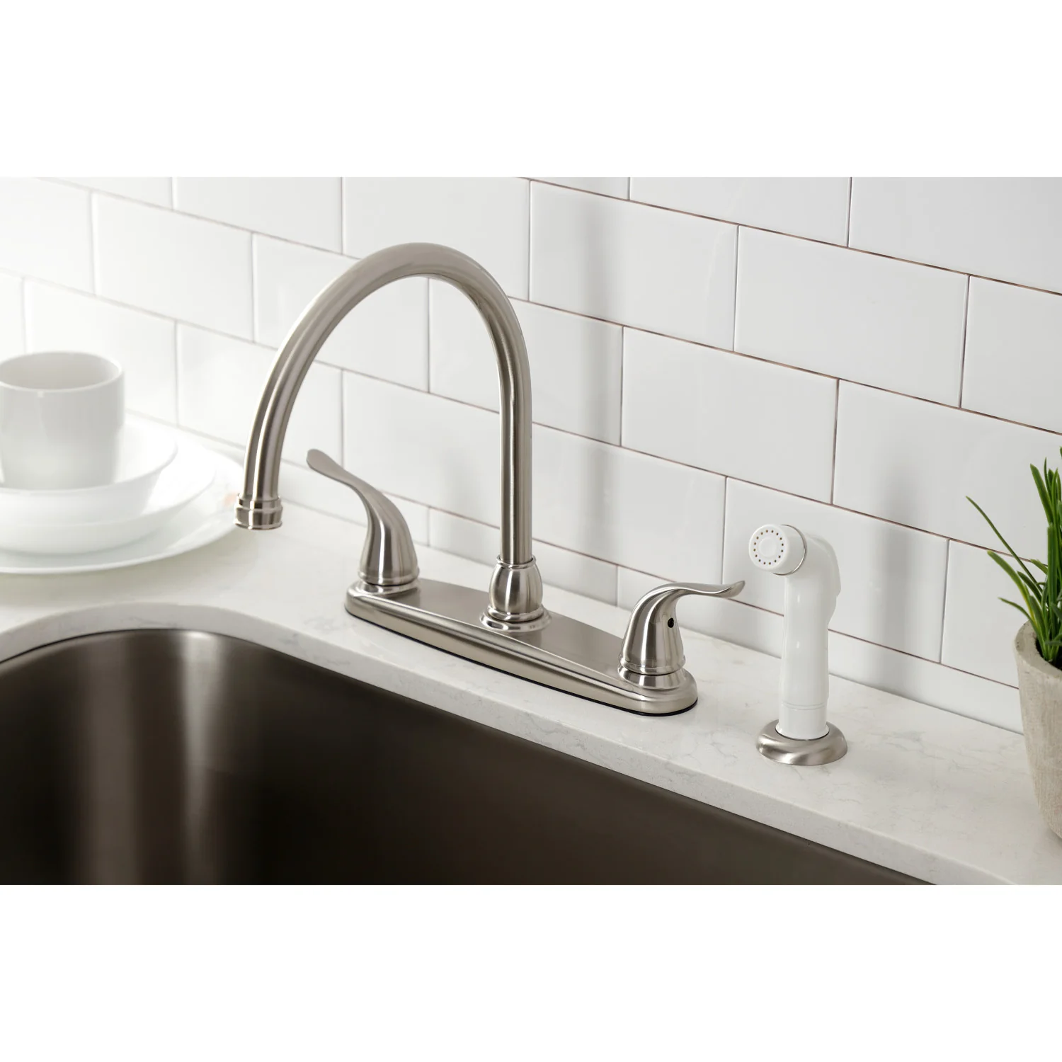 Kingston Tulare KB798YL - Yosemite Two-Handle 4-Hole 8" Centerset Kitchen Faucet with Side Sprayer, Brushed Nickel - Image 6