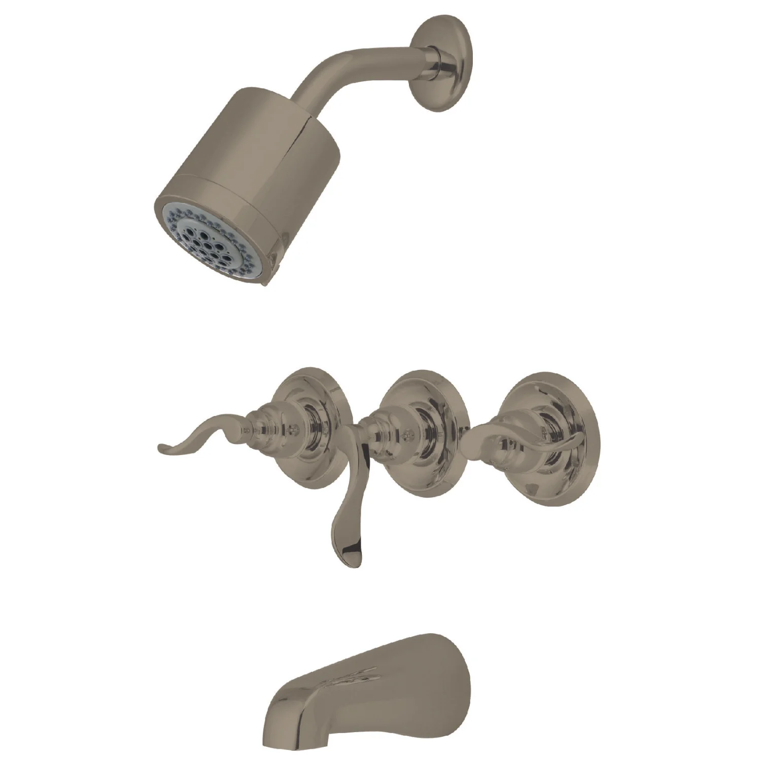 Kingston Tulare KB8238NFL - NuWave French Triple-Handle Tub and Shower Faucet, Brushed Nickel