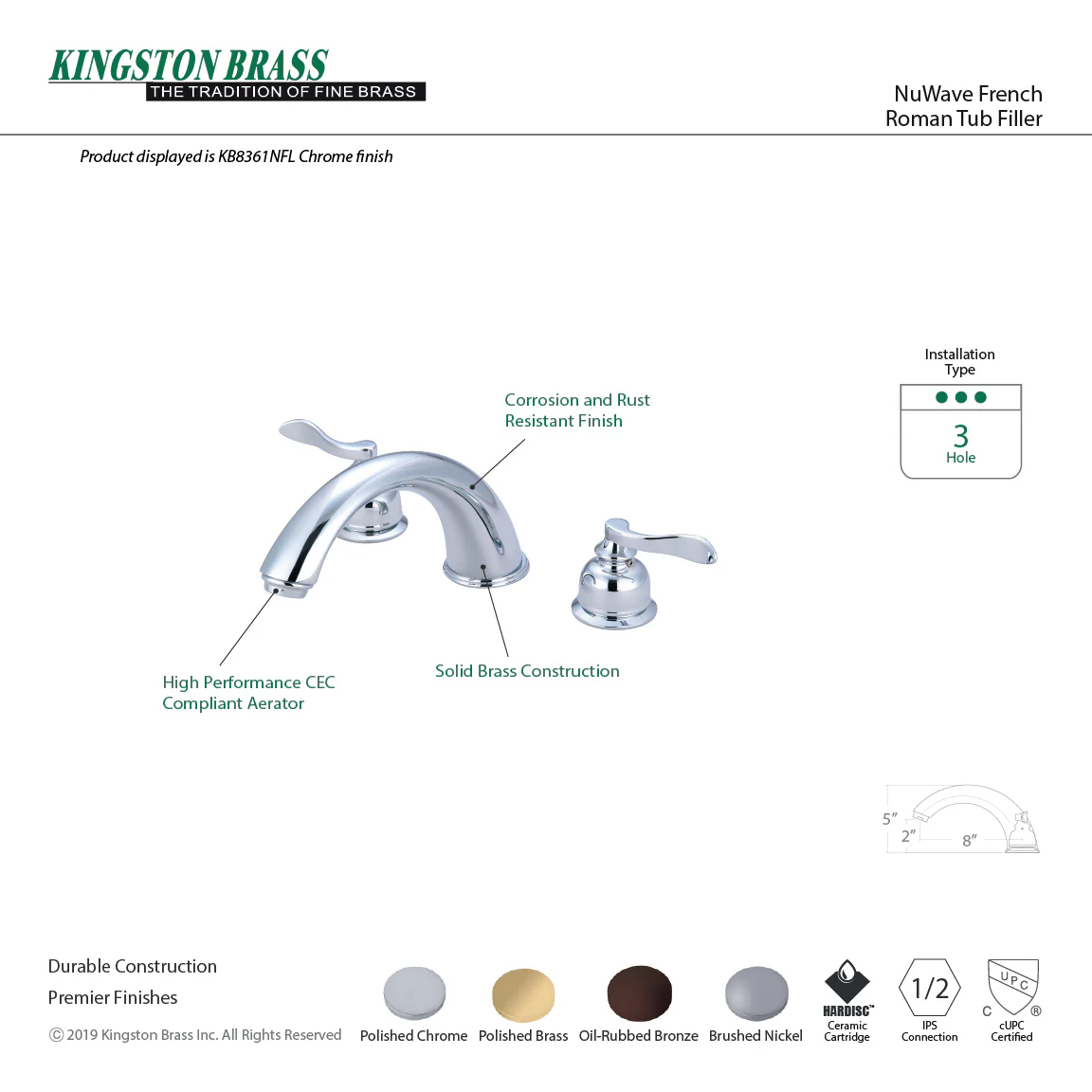 Kingston Tulare KB8365NFL - NuWave French Two-Handle 3-Hole Deck Mount Roman Tub Faucet, Oil Rubbed Bronze - Image 3