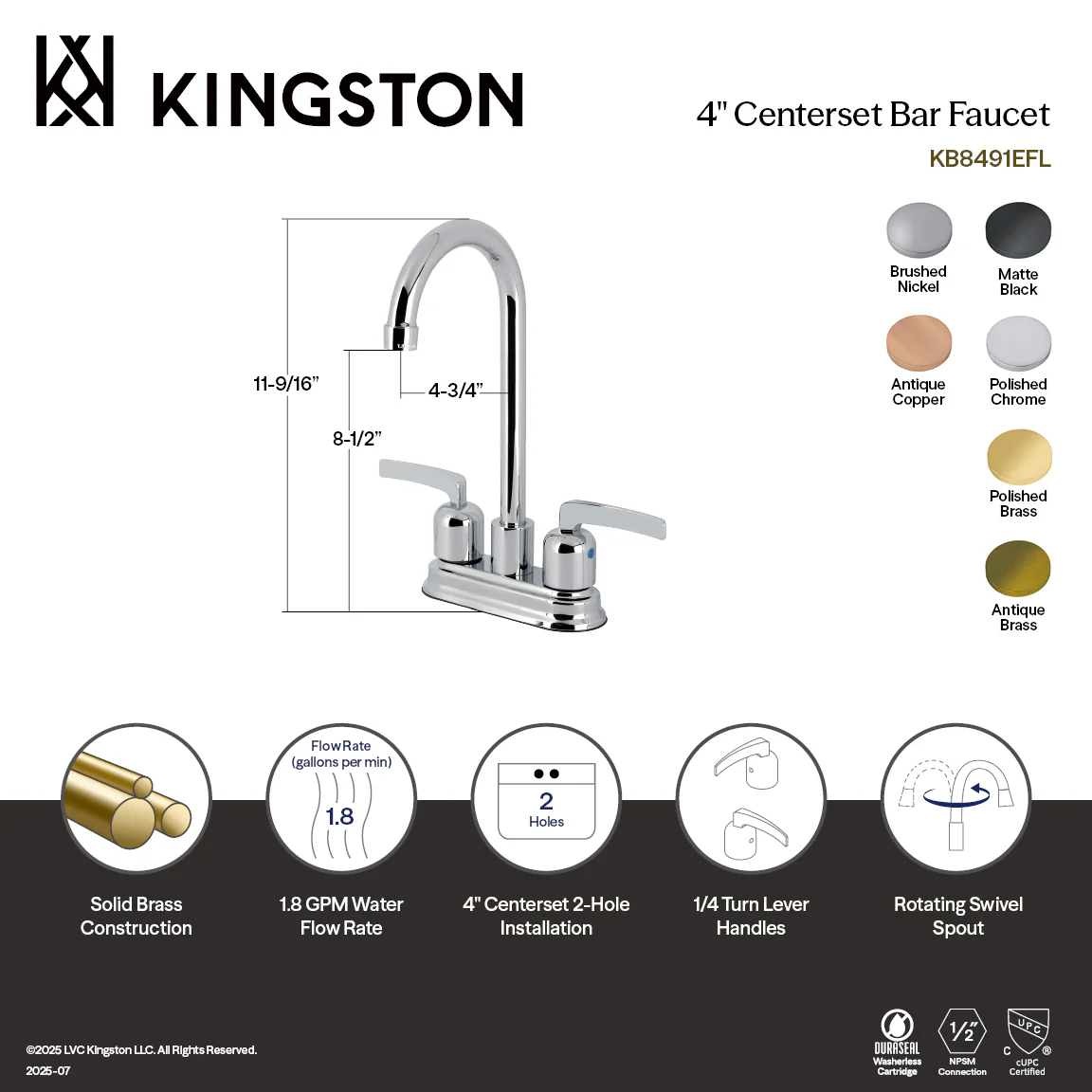 Kingston Tulare KB8492EFL - Centurion Two-Handle 2-Hole Deck Mount Bar Faucet, Polished Brass - Image 4