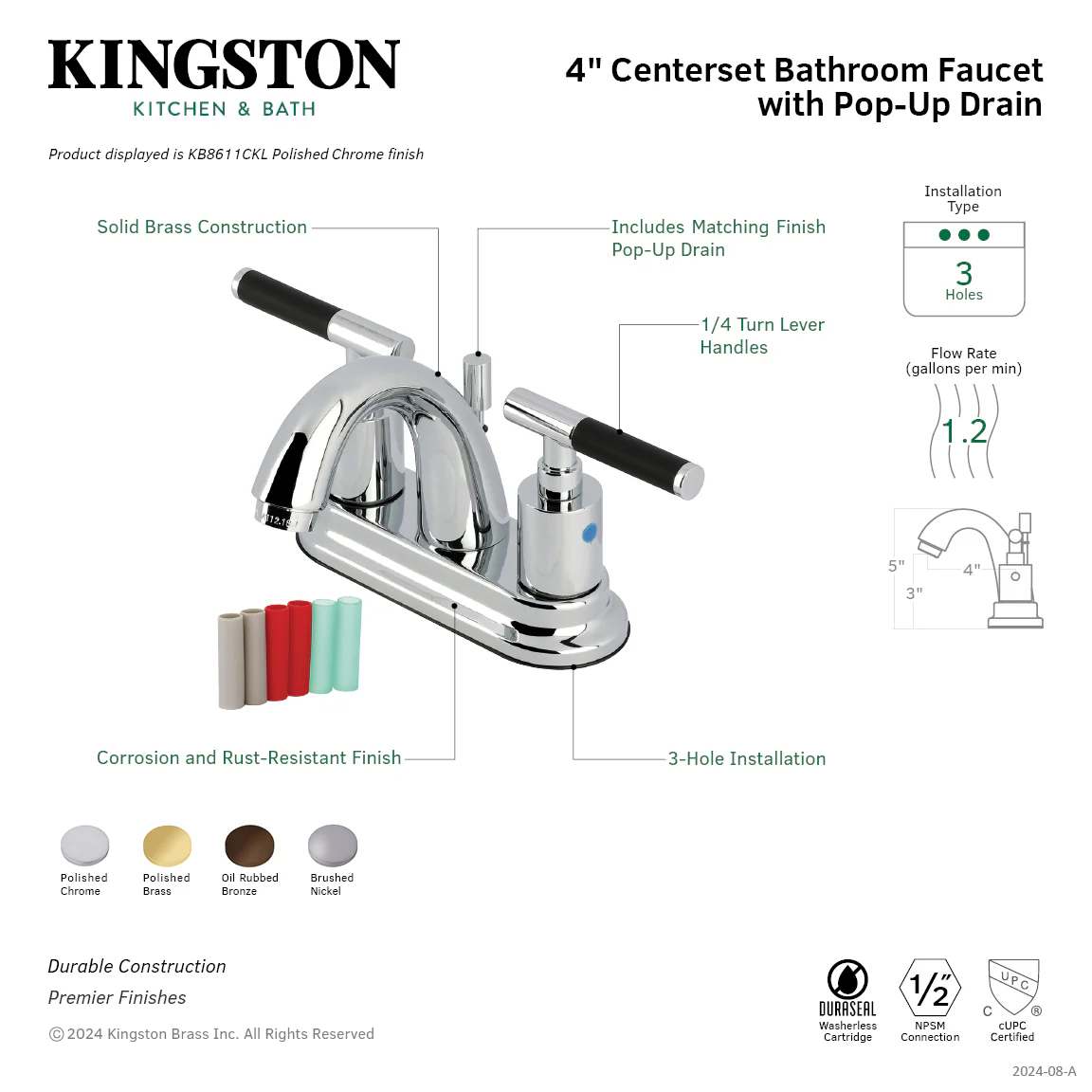 Kingston Tulare KB8611CKL - Kaiser Double-Handle 3-Hole Deck Mount 4-Inch Centerset Bathroom Faucet with Pop-Up Drain, Polished Chrome - Image 11