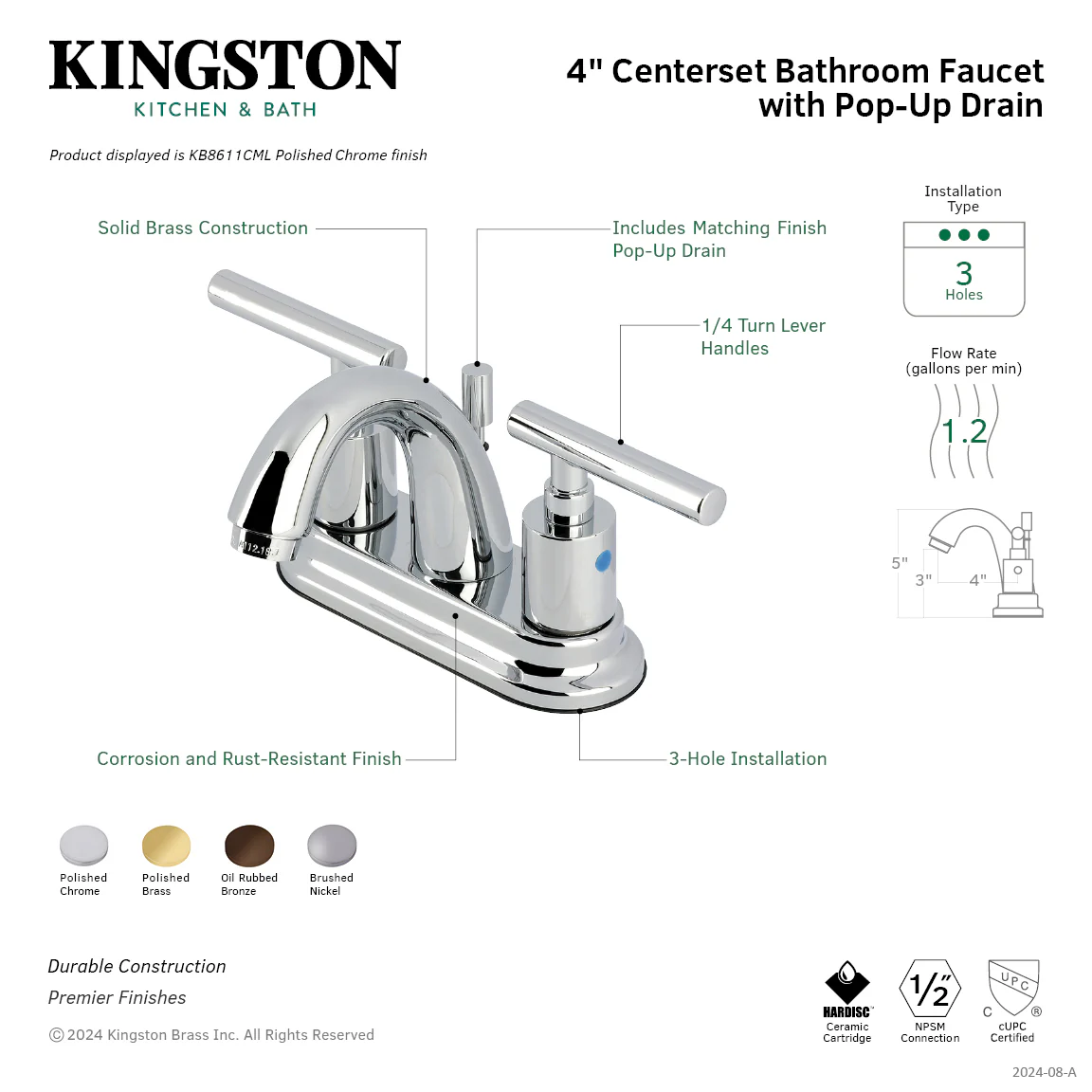 Kingston Tulare KB8611CML - Manhattan Double-Handle 3-Hole Deck Mount 4-Inch Centerset Bathroom Faucet with Pop-Up Drain, Polished Chrome - Image 8