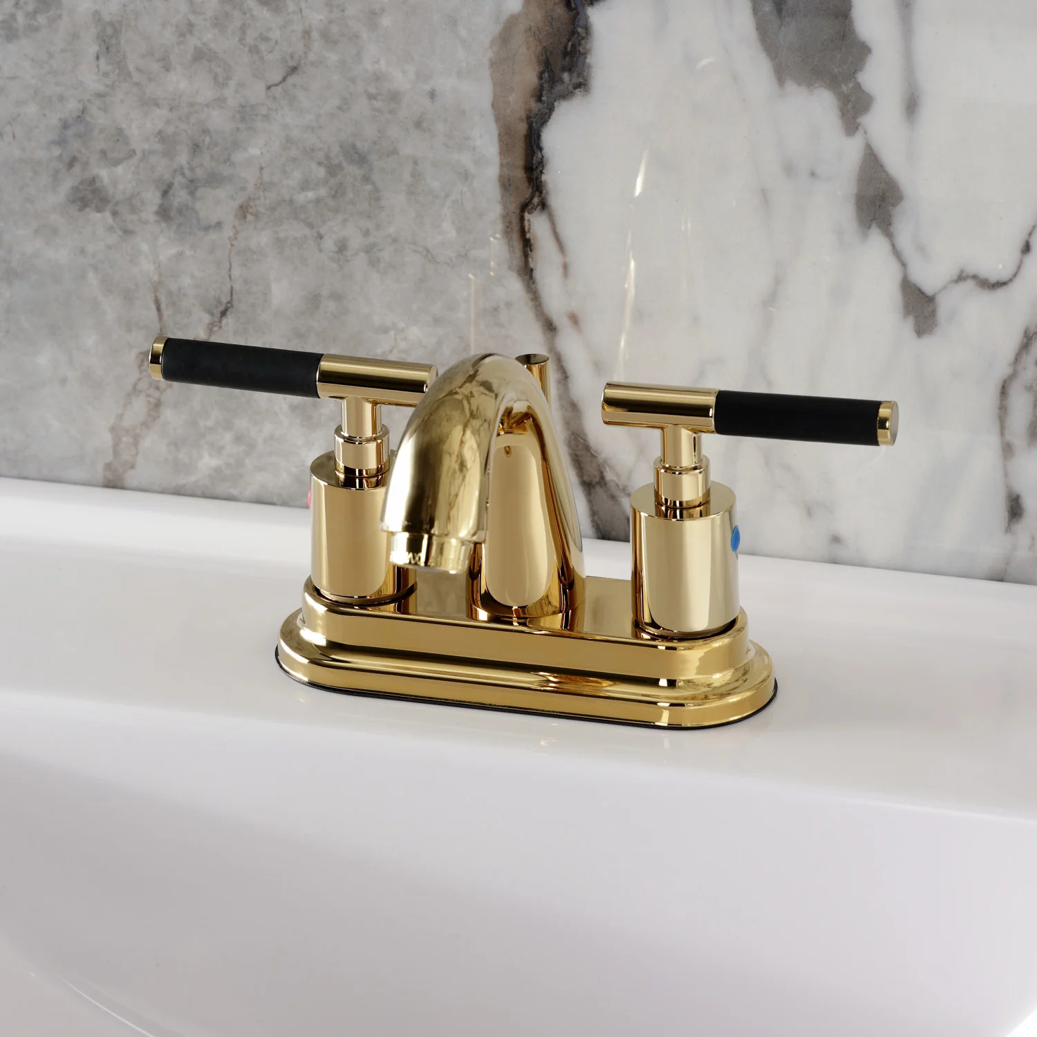 Kingston Tulare KB8612CKL - Kaiser Double-Handle 3-Hole Deck Mount 4-Inch Centerset Bathroom Faucet with Pop-Up Drain, Polished Brass - Image 2