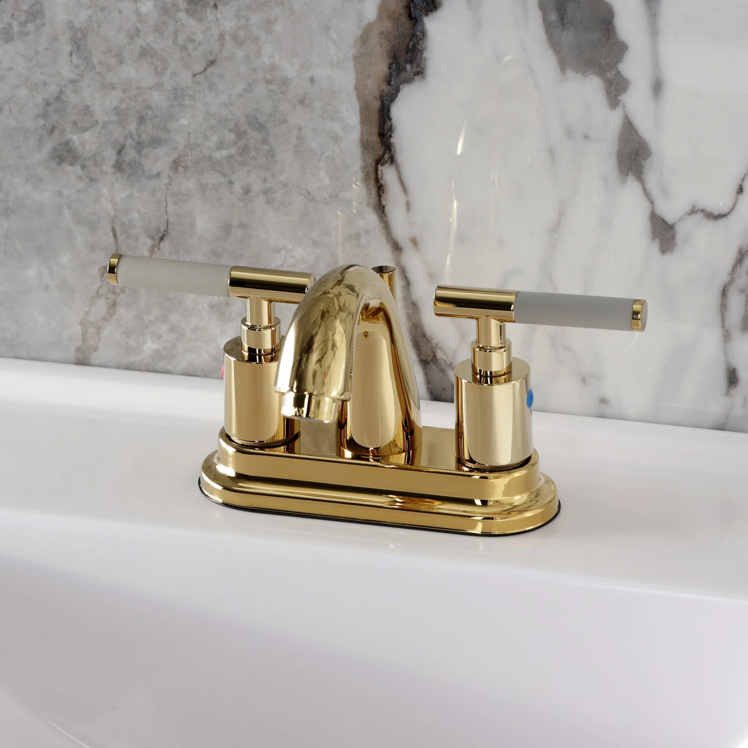 Kingston Tulare KB8612CKL - Kaiser Double-Handle 3-Hole Deck Mount 4-Inch Centerset Bathroom Faucet with Pop-Up Drain, Polished Brass - Image 7
