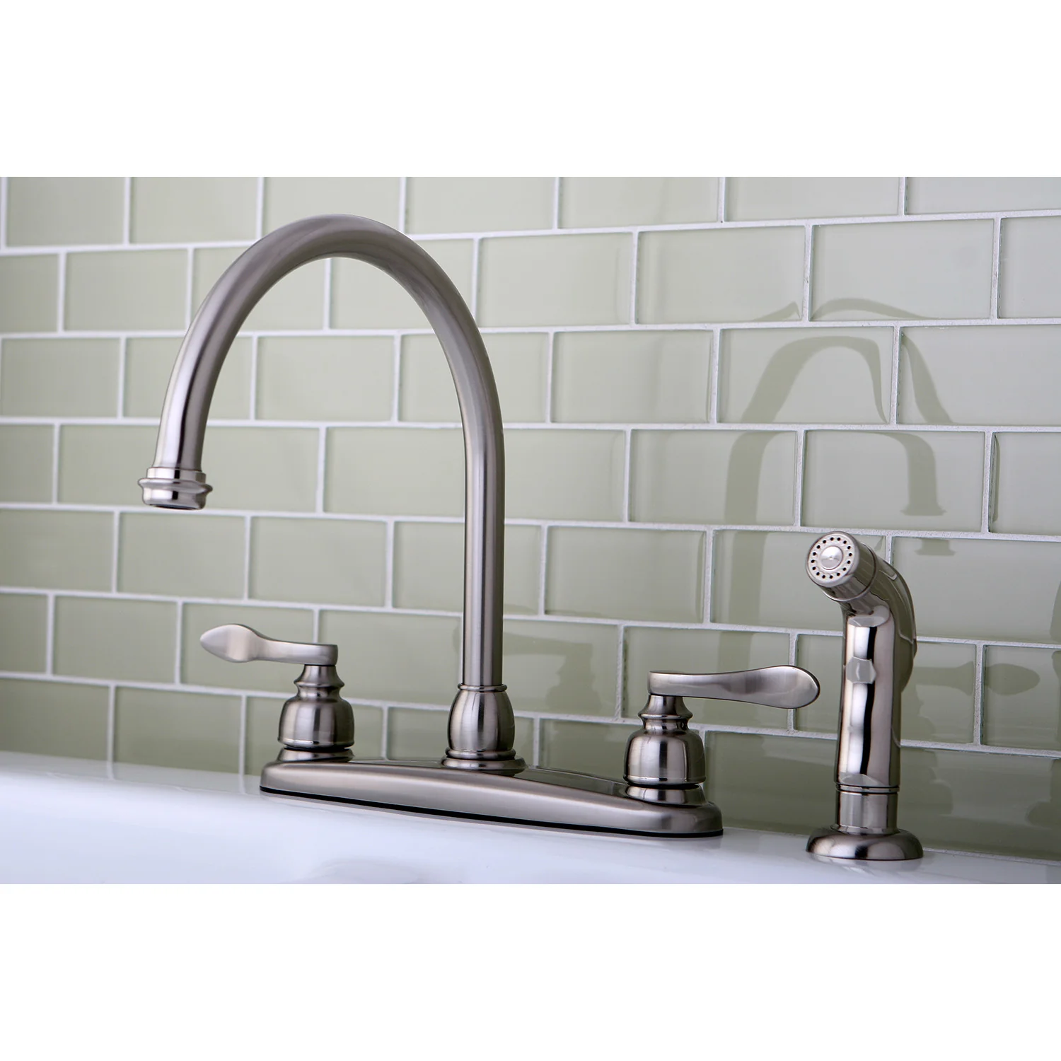 Kingston Tulare KB8798NFLSP - NuWave French Two-Handle 4-Hole 8" Centerset Kitchen Faucet with Side Sprayer, Brushed Nickel - Image 2