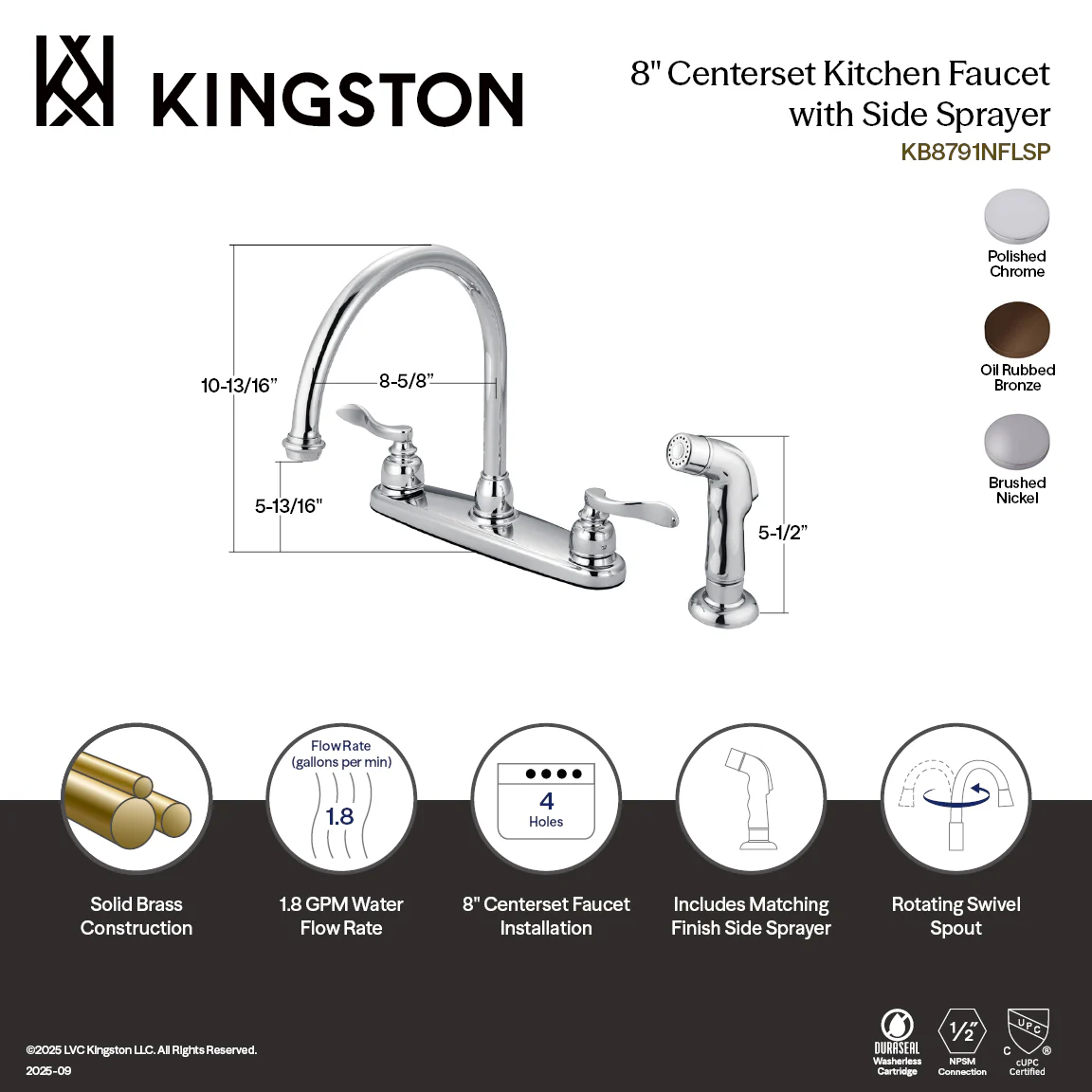 Kingston Tulare KB8798NFLSP - NuWave French Two-Handle 4-Hole 8" Centerset Kitchen Faucet with Side Sprayer, Brushed Nickel - Image 3
