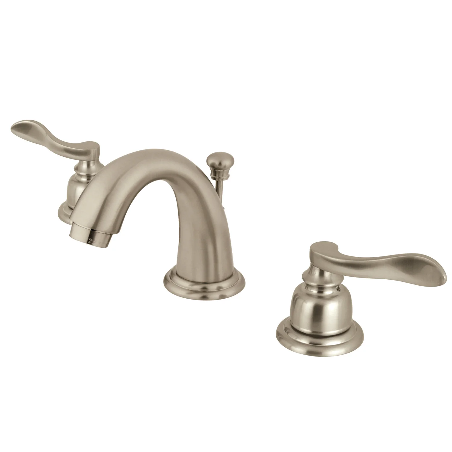 Kingston Tulare KB8918NFL - NuWave French Two-Handle 3-Hole Deck Mount Widespread Bathroom Faucet with Pop-Up Drain, Brushed Nickel