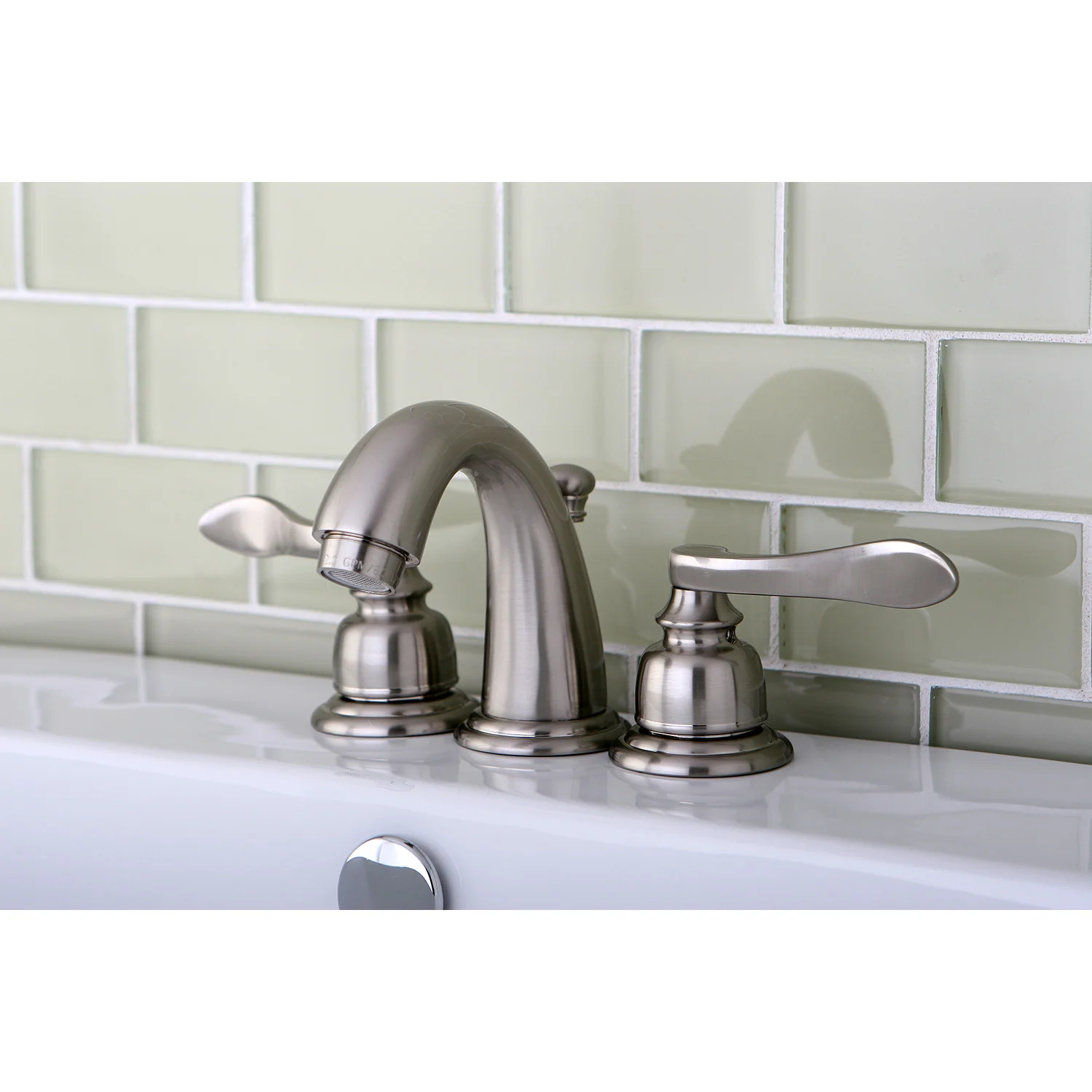Kingston Tulare KB8918NFL - NuWave French Two-Handle 3-Hole Deck Mount Widespread Bathroom Faucet with Pop-Up Drain, Brushed Nickel - Image 2