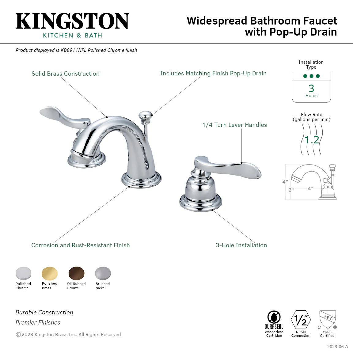 Kingston Tulare KB8918NFL - NuWave French Two-Handle 3-Hole Deck Mount Widespread Bathroom Faucet with Pop-Up Drain, Brushed Nickel - Image 3