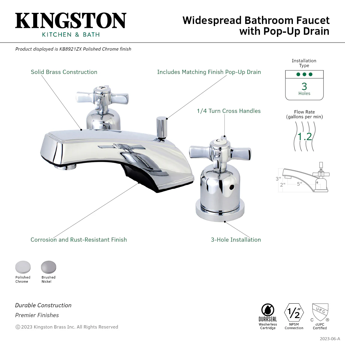 Kingston Tulare KB8921ZX - Millennium Two-Handle 3-Hole Deck Mount Widespread Bathroom Faucet with Pop-Up Drain, Polished Chrome - Image 2