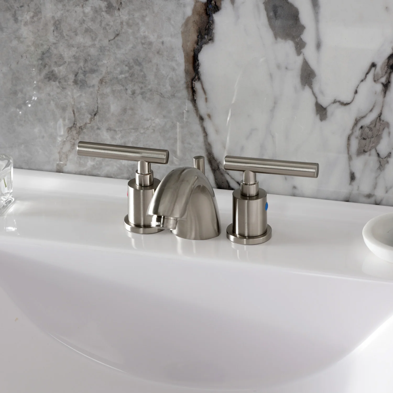 Kingston Tulare KB8958CML - Manhattan Two-Handle 3-Hole Deck Mount Mini-Widespread Bathroom Faucet with Pop-Up Drain, Brushed Nickel - Image 2