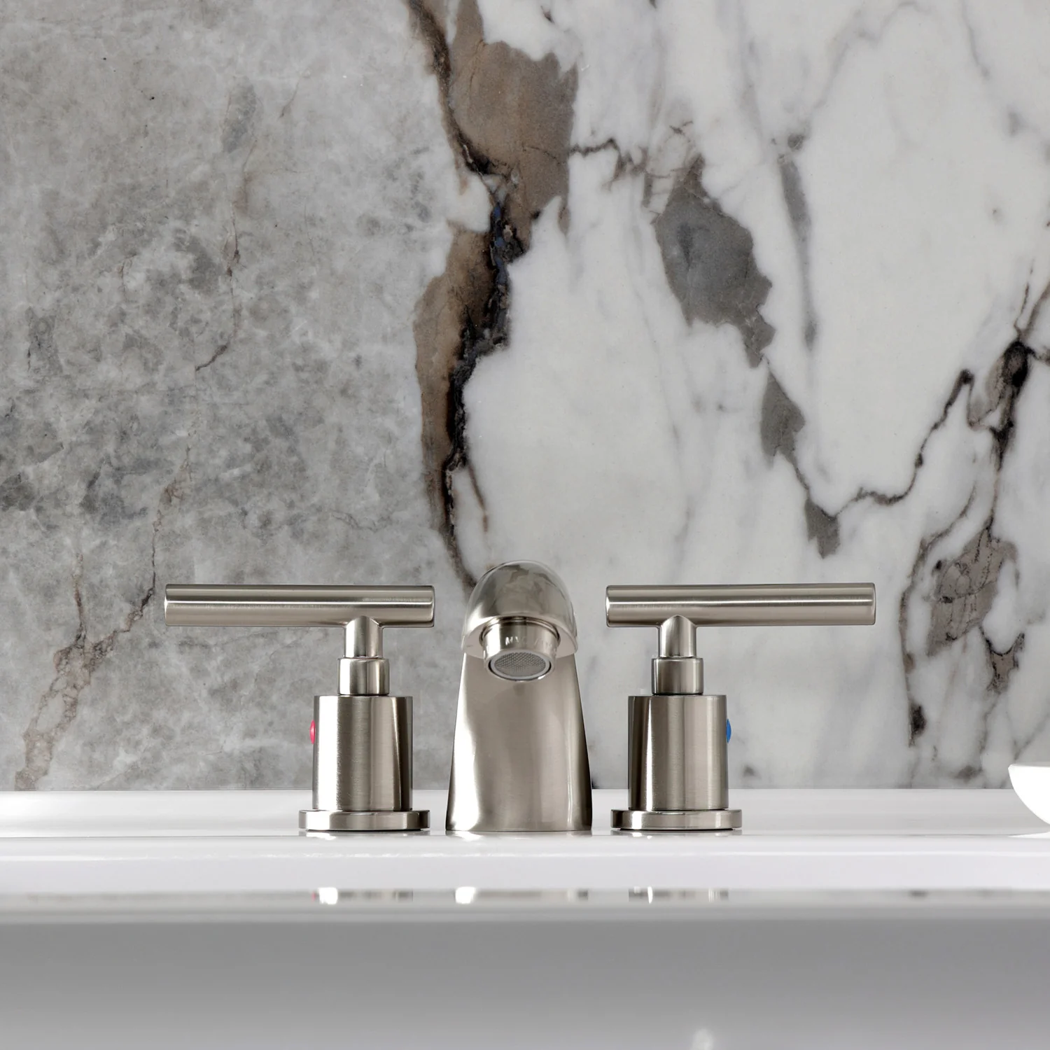 Kingston Tulare KB8958CML - Manhattan Two-Handle 3-Hole Deck Mount Mini-Widespread Bathroom Faucet with Pop-Up Drain, Brushed Nickel - Image 3