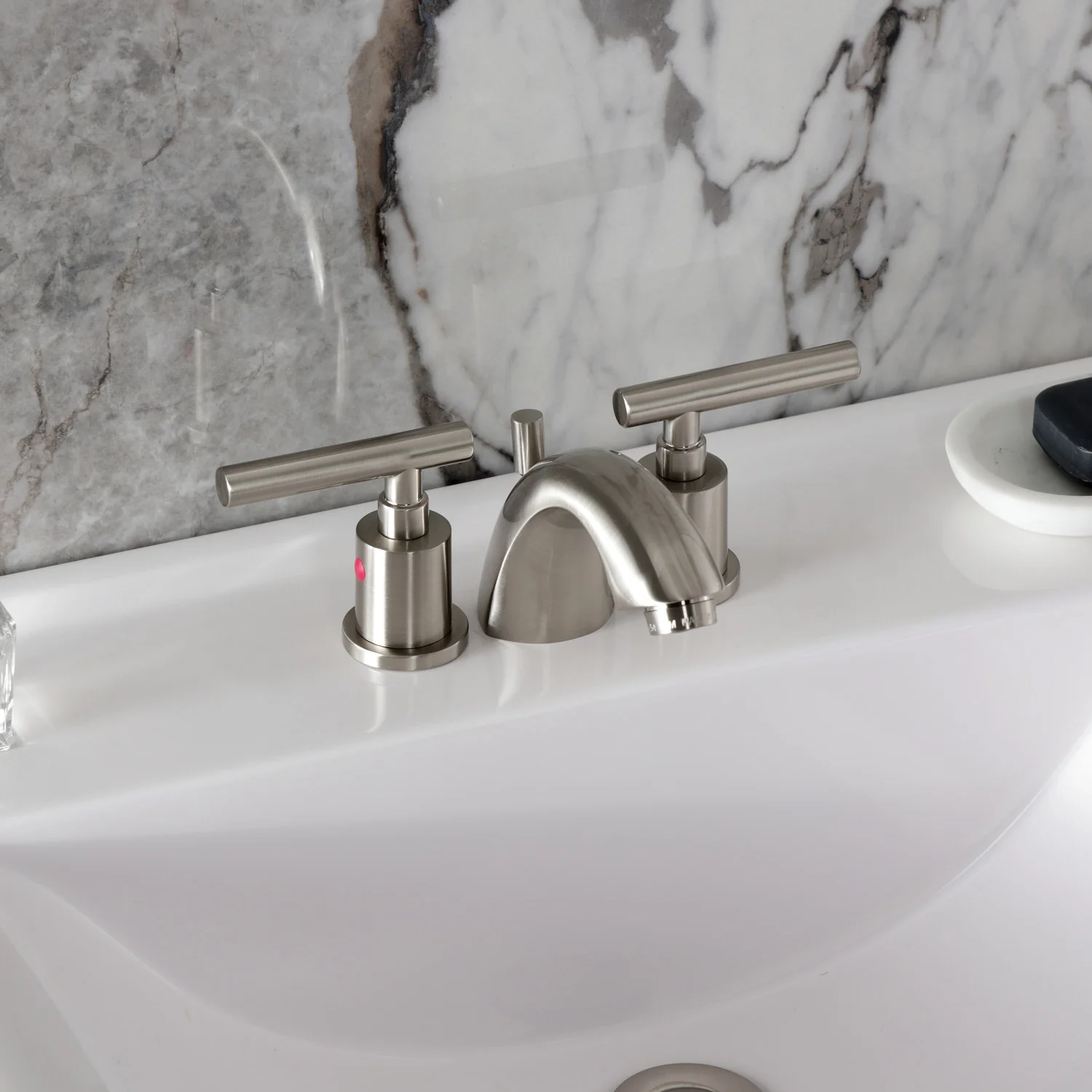 Kingston Tulare KB8958CML - Manhattan Two-Handle 3-Hole Deck Mount Mini-Widespread Bathroom Faucet with Pop-Up Drain, Brushed Nickel - Image 4