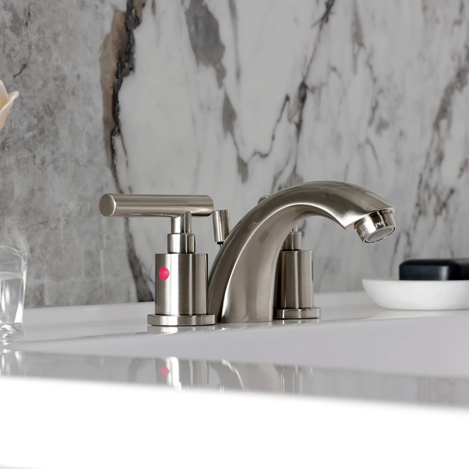 Kingston Tulare KB8958CML - Manhattan Two-Handle 3-Hole Deck Mount Mini-Widespread Bathroom Faucet with Pop-Up Drain, Brushed Nickel - Image 5