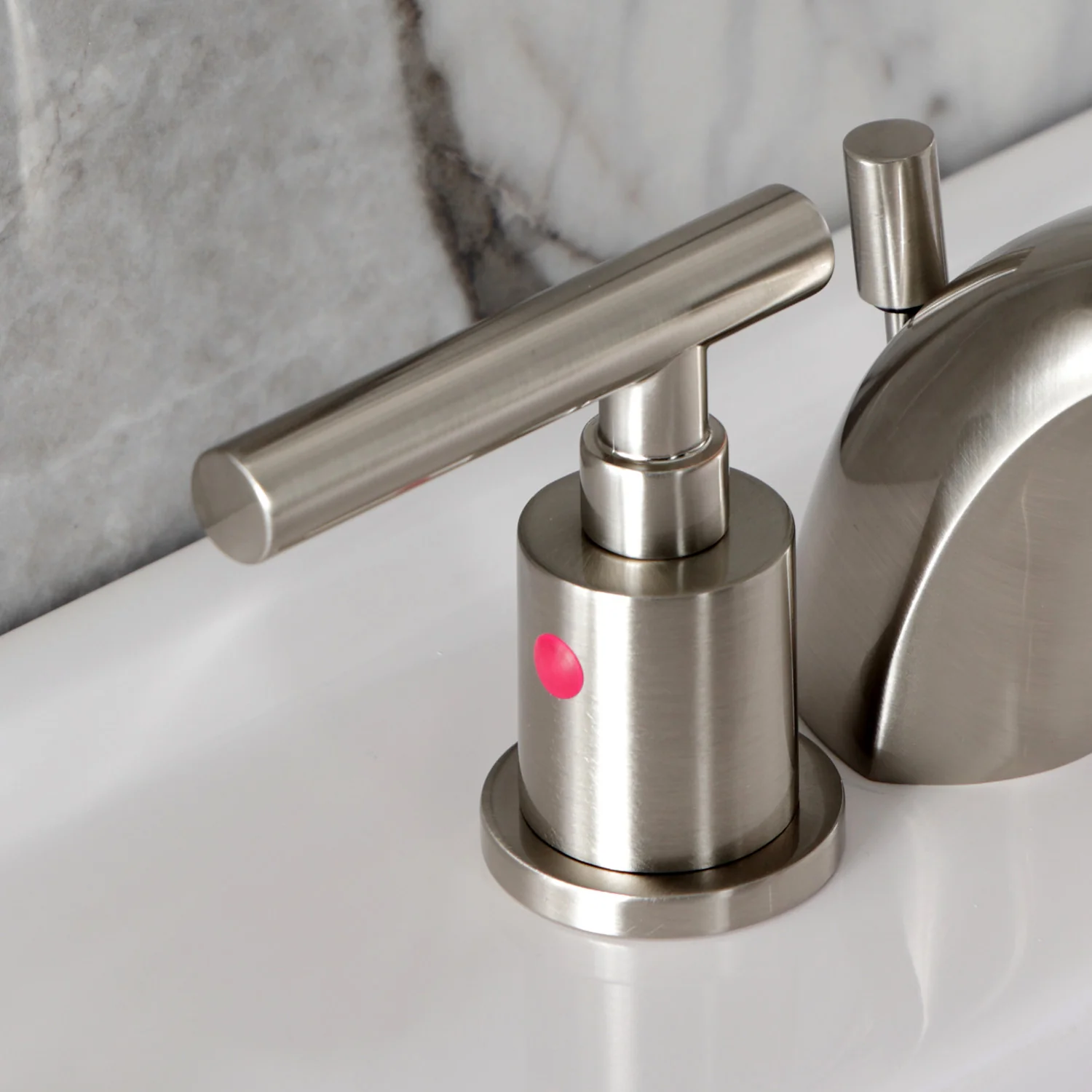 Kingston Tulare KB8958CML - Manhattan Two-Handle 3-Hole Deck Mount Mini-Widespread Bathroom Faucet with Pop-Up Drain, Brushed Nickel - Image 7