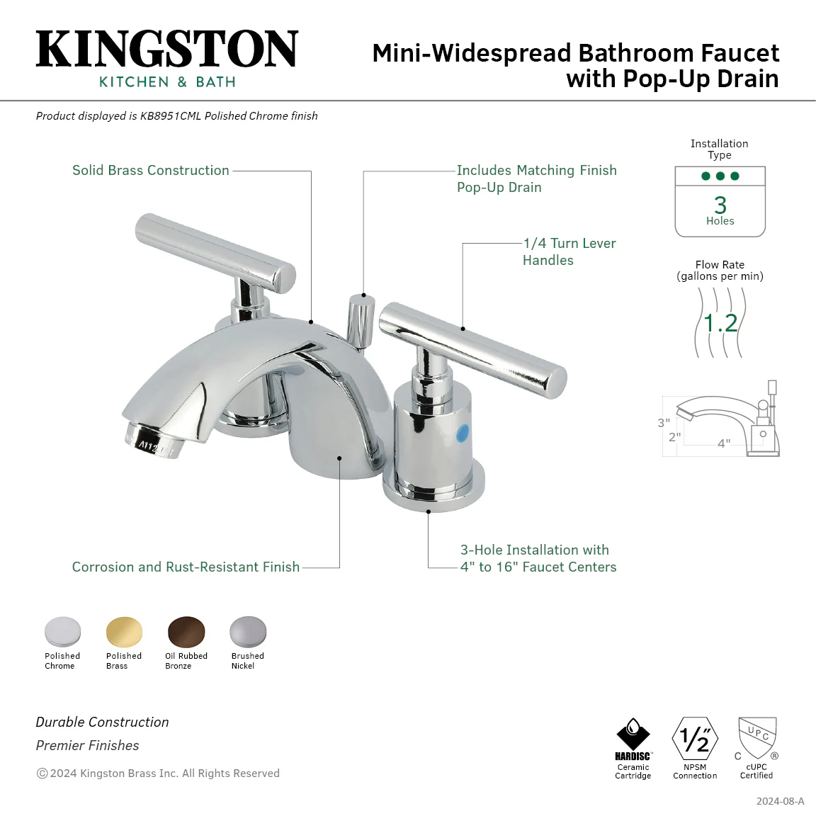 Kingston Tulare KB8958CML - Manhattan Two-Handle 3-Hole Deck Mount Mini-Widespread Bathroom Faucet with Pop-Up Drain, Brushed Nickel - Image 8