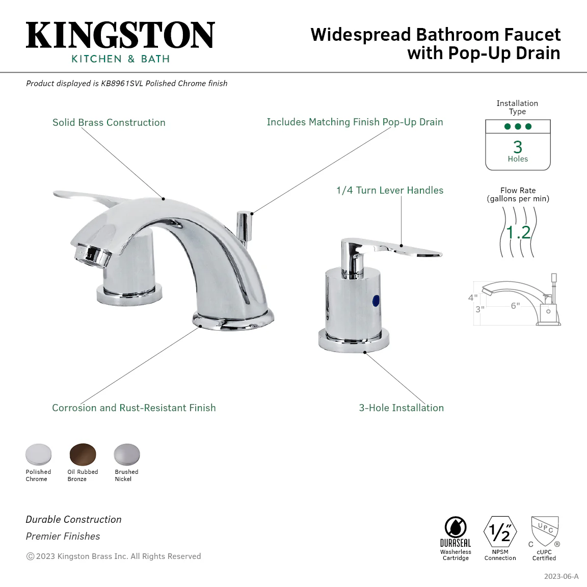 Kingston Tulare KB8961SVL - Serena Two-Handle 3-Hole Deck Mount Widespread Bathroom Faucet with Pop-Up Drain, Polished Chrome - Image 6