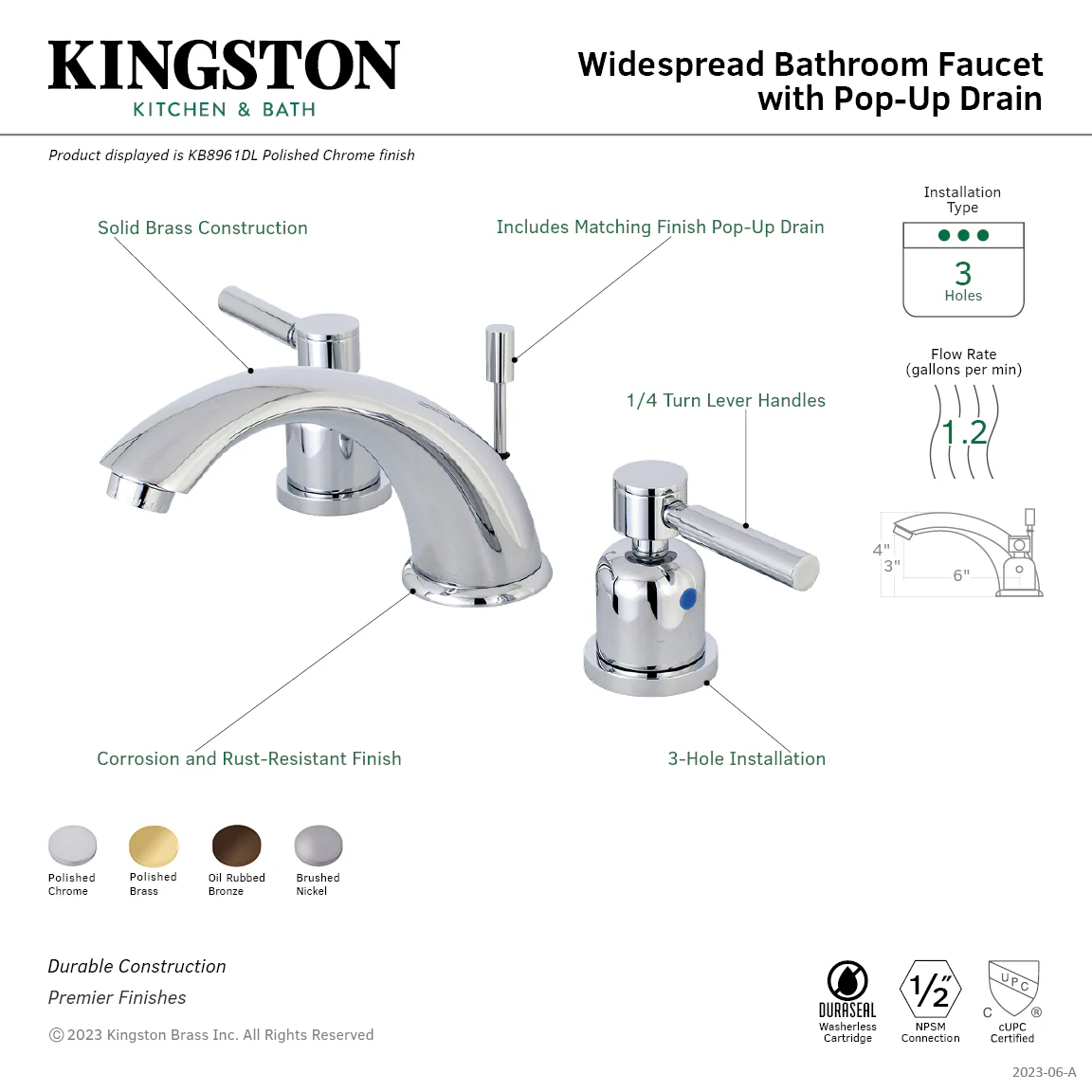 Kingston Tulare KB8962DL - Concord Two-Handle 3-Hole Deck Mount Widespread Bathroom Faucet with Pop-Up Drain, Polished Brass - Image 3